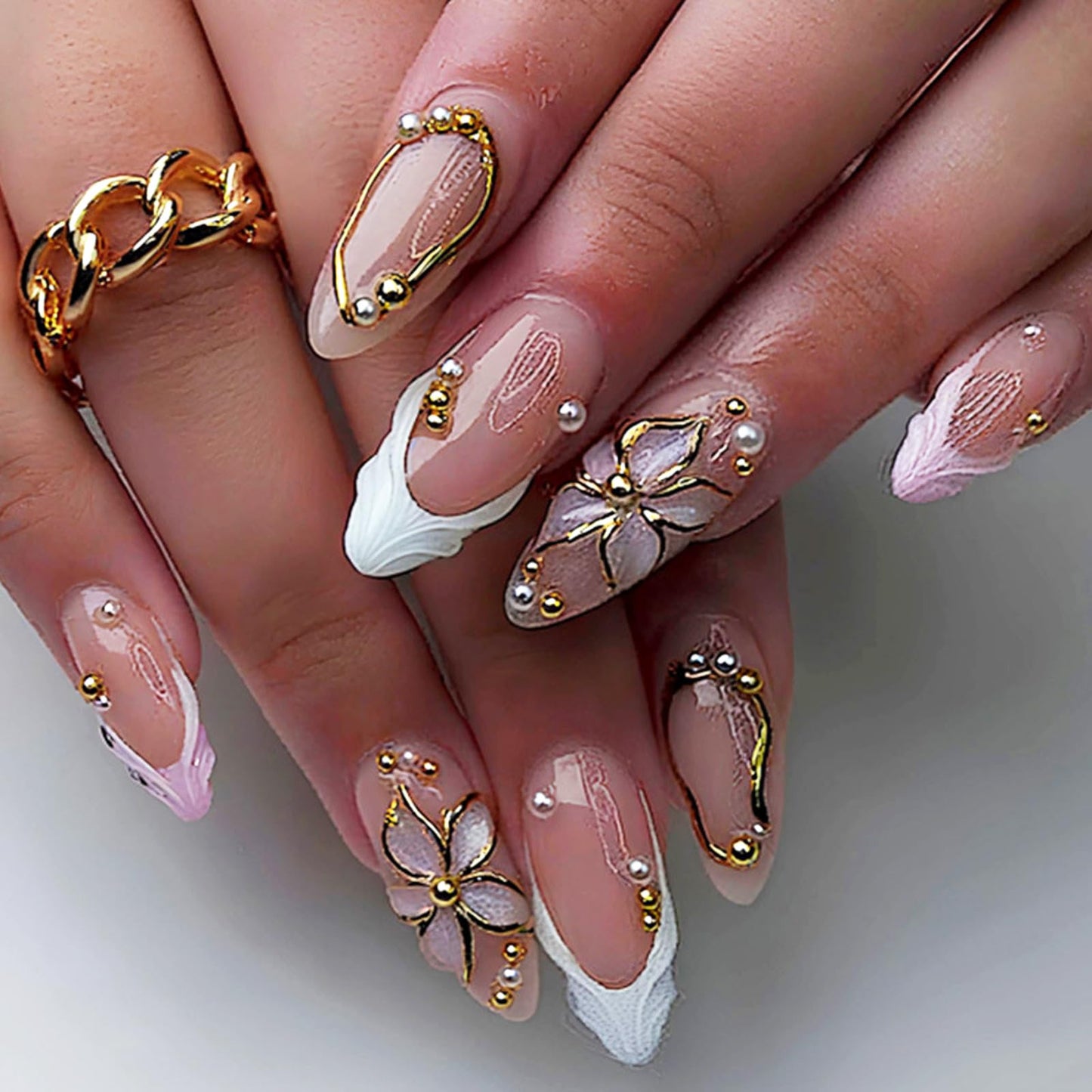 IMRAIN Pink Press on Nails Almond Medium Fake Nails with 3D Golden Flower Designs Glossy Gel Acrylic False Nails 24Pcs Glue on Nails for Women