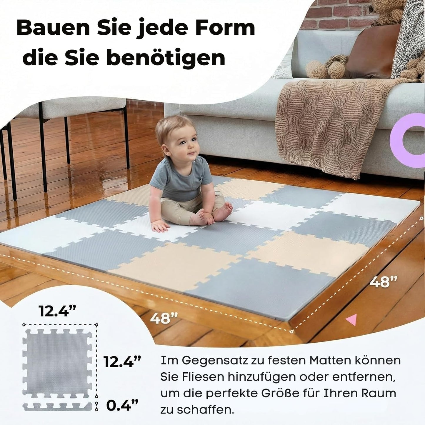 MioTetto Baby Play Mat, Soft Foam Floor Tiles for Kids. Adjustable Interlocking Foam Tiles, Fits with 50x50 Playpen Baby mat for Crawling & Development, Safe & Non-Toxic Playmat for Babies 6-12 Months