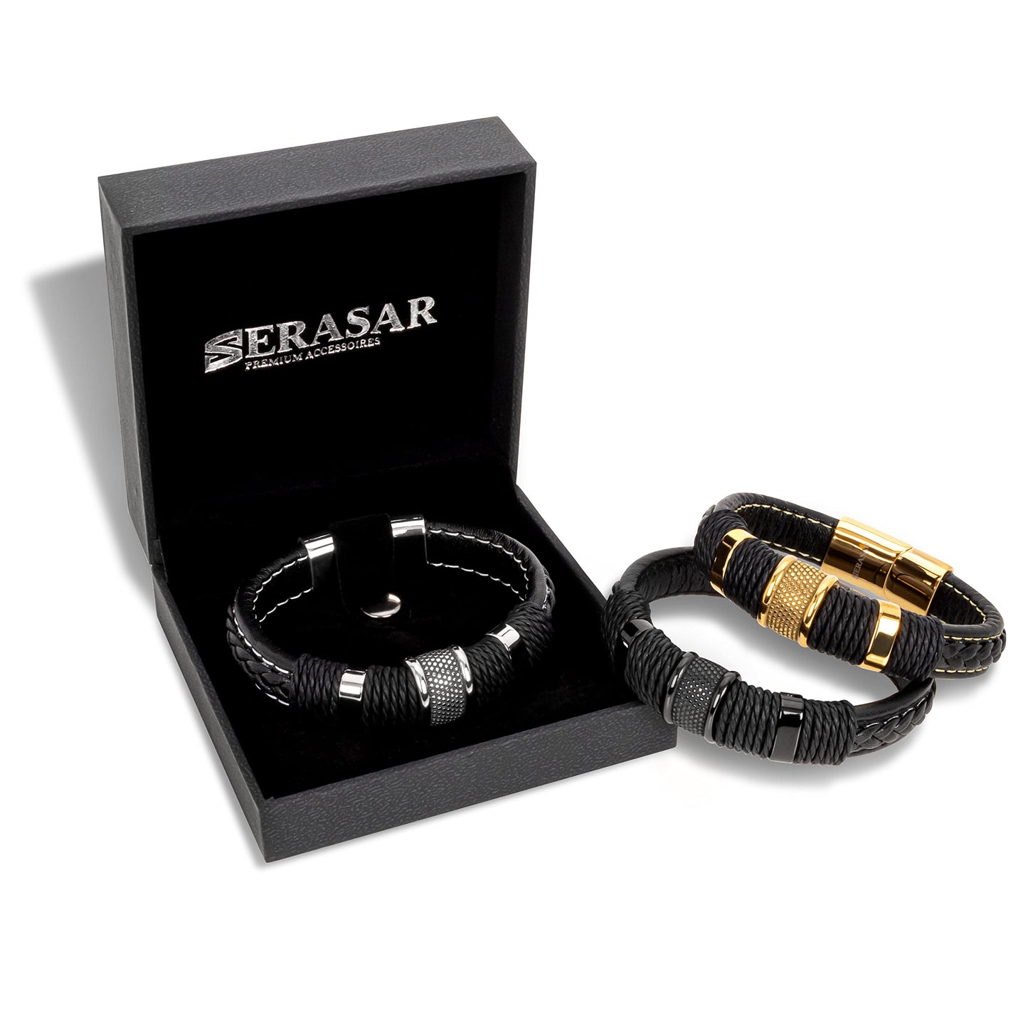 SERASAR Pulsera de cuero plateado 20cm para hombre idea regalo, genuino, caja cierre magnetico ajustable