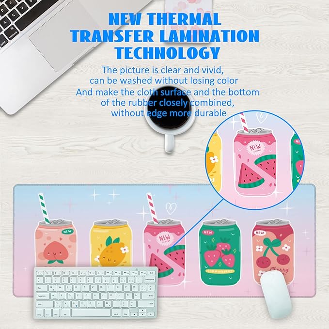 Desk Mat, Kawaii Fruit Flavors Sparkling Soda Drink Extended Gaming Mouse Pad Large, 31.5"x11.8" Big Mouse Pad with Non-Slip Base and Stitched Edge, Long Computer Keyboard Mouse Mat for Home Office