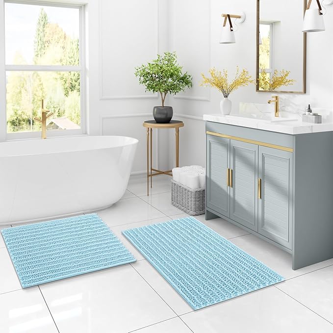 Arotive Luxury Chenille Bathroom Rug Mat, Extra Soft Thick Absorbent Shaggy Bath Rugs, Non-Slip Machine Wash Dry, Plush Bath Mats for Bathroom, Shower and Tub, 40x32, Blue