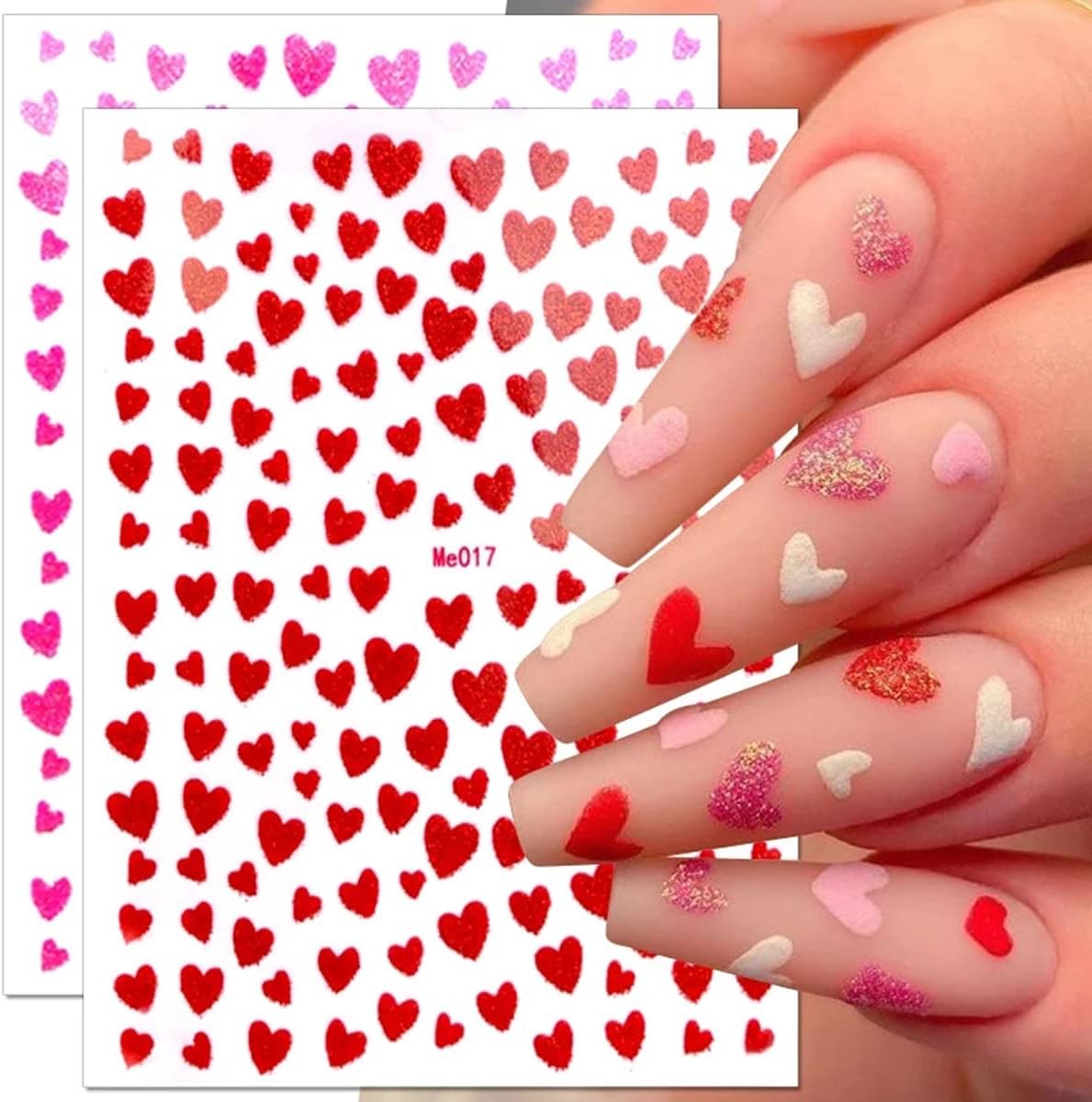 Heart Nail Art Stickers Decals 3D Shiny Glitter Love Hearts Self Adhesive Shining Glitters Powder Effect Valentine's Day Heart Nail Design for Lovers Romantic DIY Nail Decorations Manicure Accessories
