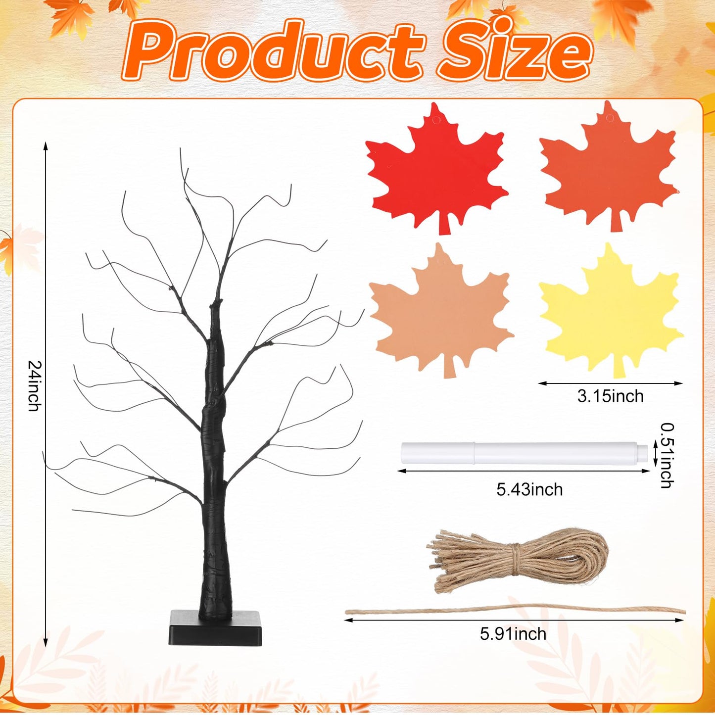 Briwooody 24” Thanksgiving Gratitude Tree with Leaves Kit Seasonal Holiday Decoration with Writing Pen Hemp Rope DIY Fall Decorations Craft Kit for Autumn Home Desktop Thanksgiving Decor(Maple Leaf)