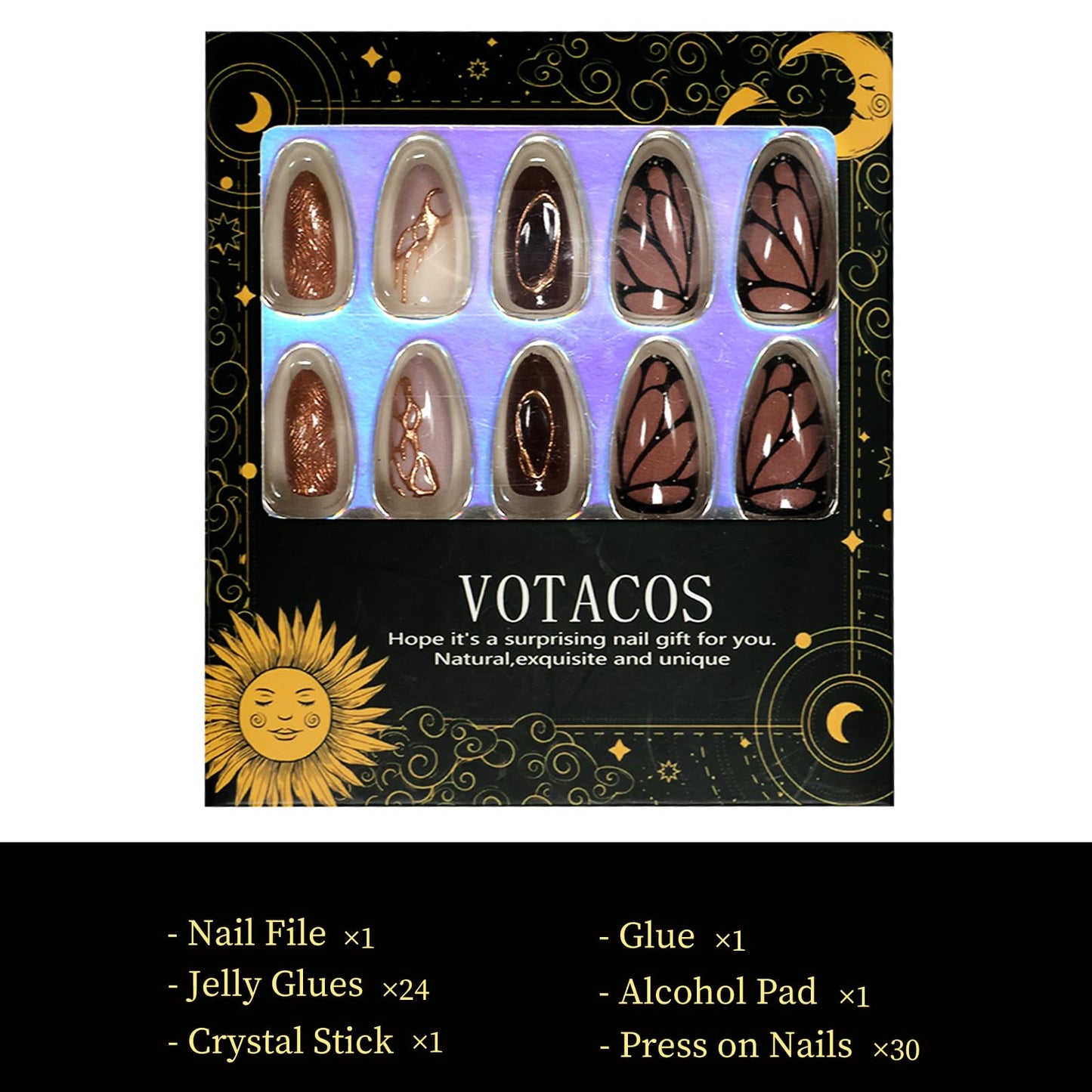 VOTACOS 24PCS Brown Acrylic Press on Nails Almond Medium Gold Glitter Fake Nails Press Ons with Designs Butterfly Pattern Glue on Nail for Women 3D Line Design Reusable Artificial Stick on False Nail