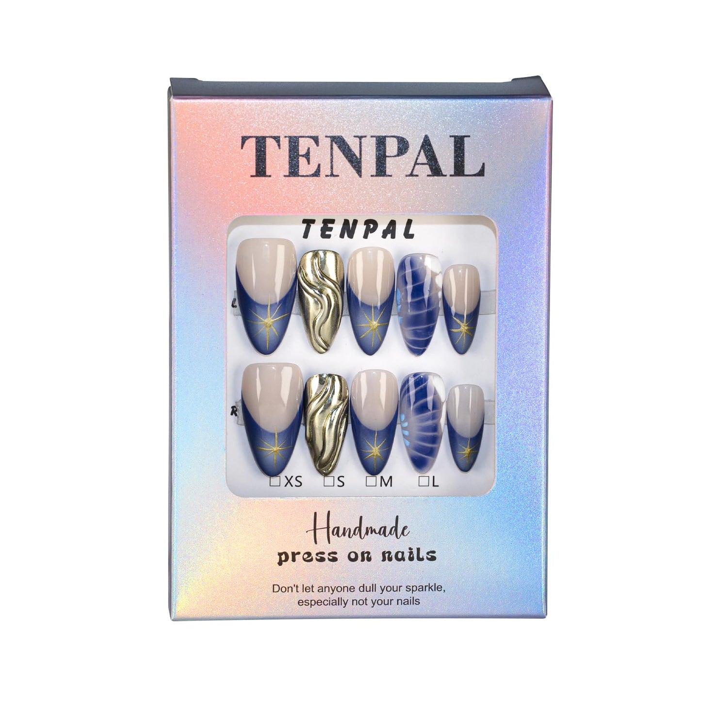 TENPAL Metallic Fake Nails With Crocodile Star Pattern,French Tip Press on Nails Almond,Blue Nails Press ons, Handmade Glue On False Nails,Acrylic Y2k Artificial Nails Tips 10pcs/Box,Small Size