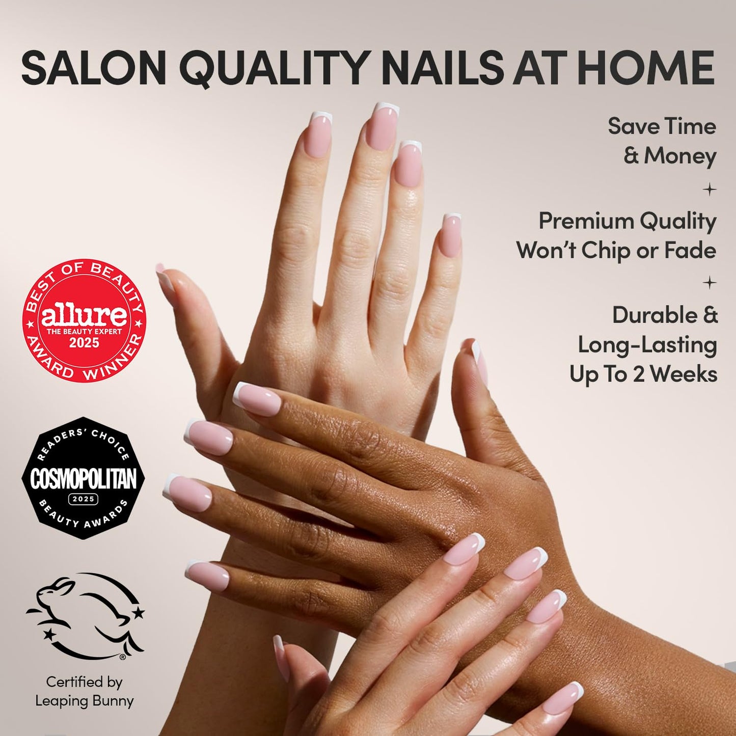 Glamnetic Press On Nails - Classy French | Medium Square Fake Nails with Trendy Micro French Tip, Salon Quality | 15 Sizes - 30 Nail Kit