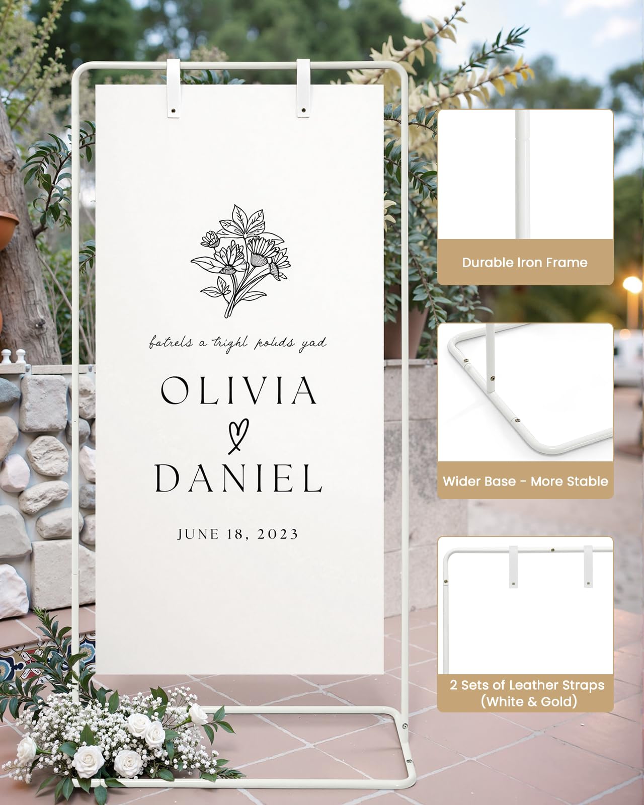 Wedding Welcome Sign Stand, Welcome to our Wedding Sign Holder, White Easel Stand for Sign Poster With Design Bundle & Ground Stakes & Leather Sign Hanging Straps, Linen Sign Stand for Wedding Decor
