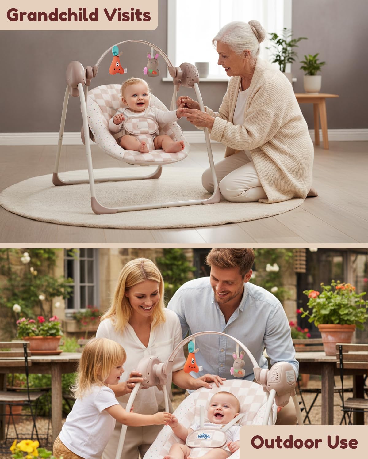 Baby Swings for Infants, Tiny Marvels Portable Swing with Adaptable Speed, Music, Removable-Toy-Bar, Foldable Infant Swing for Indoor and Outdoor Use, 0-9 Months 6-20 lbs(Sander Checker)