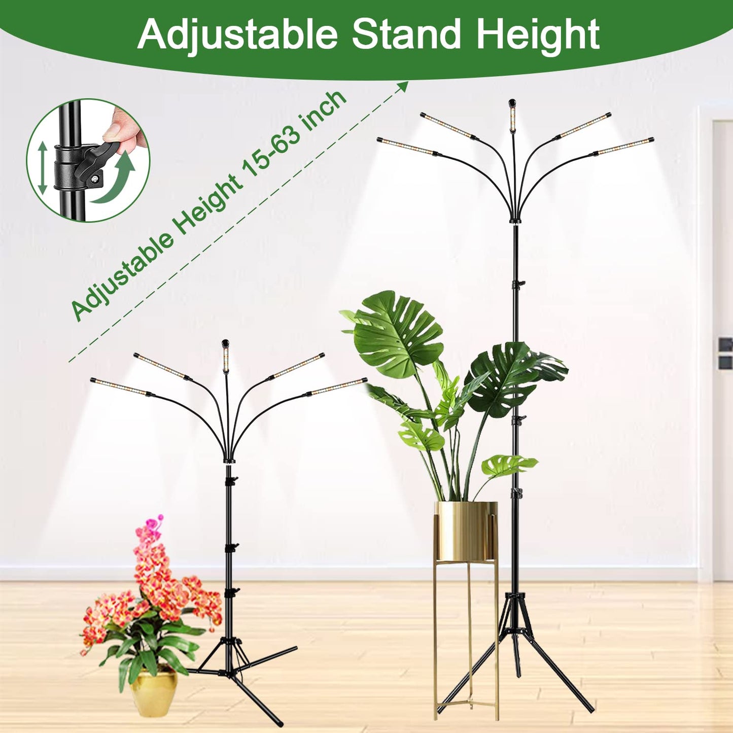 Garpsen Grow Lights for Indoor Plants, 5 Heads Full Spectrum Grow Light with Adjustable Tripod Stand, 100PCS LEDs Plant Light for Indoor Plants with 6/12/16H Timer and 3 Light Modes(No Clip)