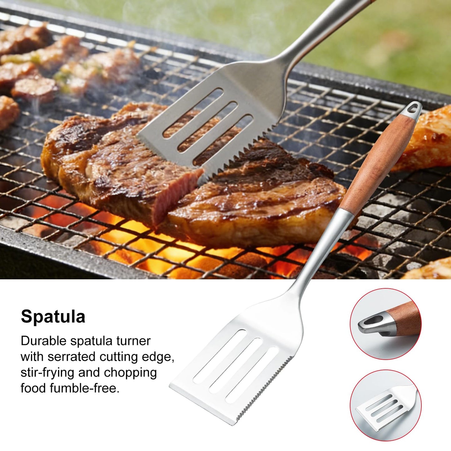 Heavy-Duty Wood BBQ Grilling Accessories Tools Set, Premium Thickened Stainless Steel Barbecue Utensils for Outdoor Grilling