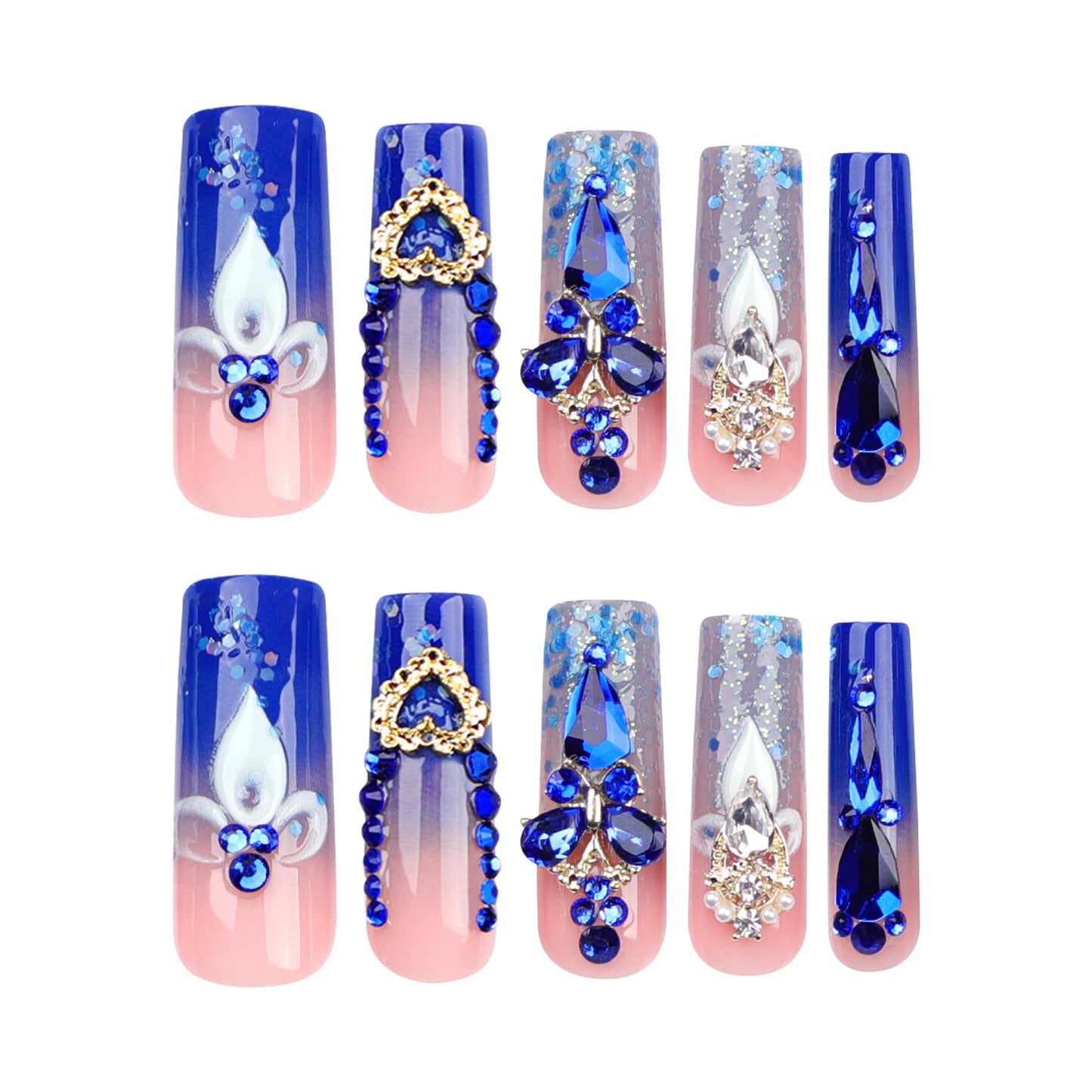 Luxury French Tip Press on Nails Shiny Blue Rhinestones Sequins Fake Nail Acrylic Long Full Cover Stick on Nails for Women Glossy Reusable False Nail 24 PCS 12 Sizes Kit Gift Manicure Decoration