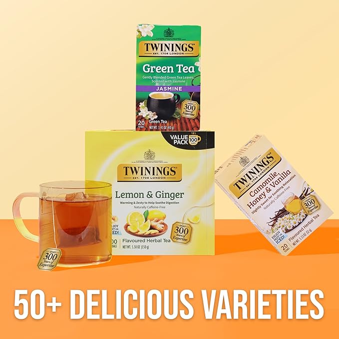 Twinings Camomile, Honey & Vanilla Herbal Tea Individually Wrapped Bags, 20 Count (Pack of 6), Naturally Caffeine-Free, Enjoy Hot or Iced, 120 Teabags