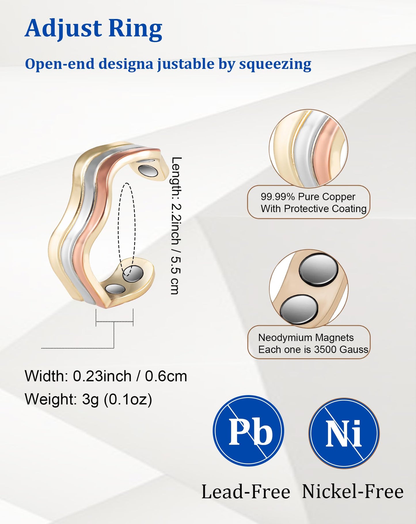 MagSølv Copper Rings for Women, Pure Copper Adjustable Magnetic Ring, Three Color Gold Jewelry