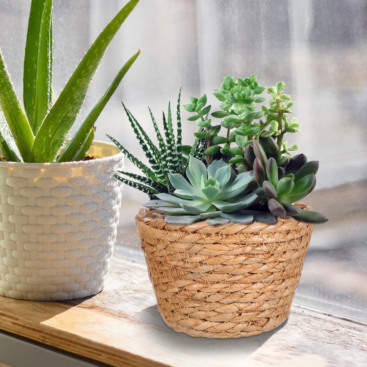 Alipis Wicker Planter: 5.1" Seagrass Plant Basket Indoor - Hand-Woven Planter Basket with Liner for Houseplants, Succulents & Boho Farmhouse Decor 2-Pack