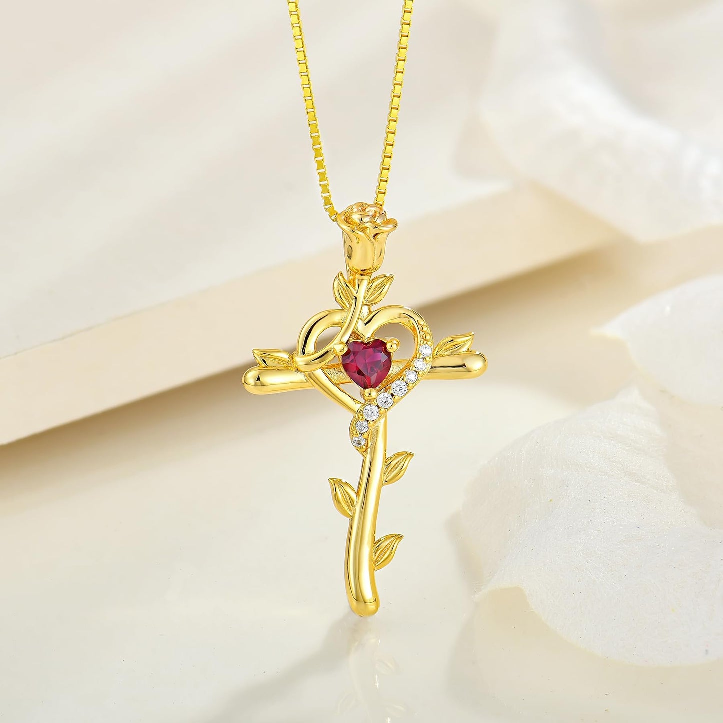STARCHENIE Rose Cross Necklace, 925 Sterling Silver 14K Gold Plated, Created Ruby Heart Pendant, Crucifix Jewelry Gift for Women