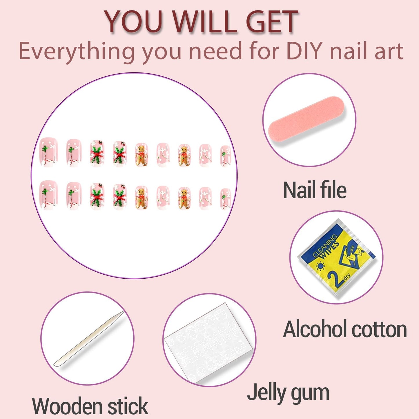 Christmas Press on Nails Medium, Square Winter French Fake Nails with Gingerbread Man Snowflake Designs, Acrylic Nails Press ons Artificial Nails Stick on Nails for Women 24Pcs