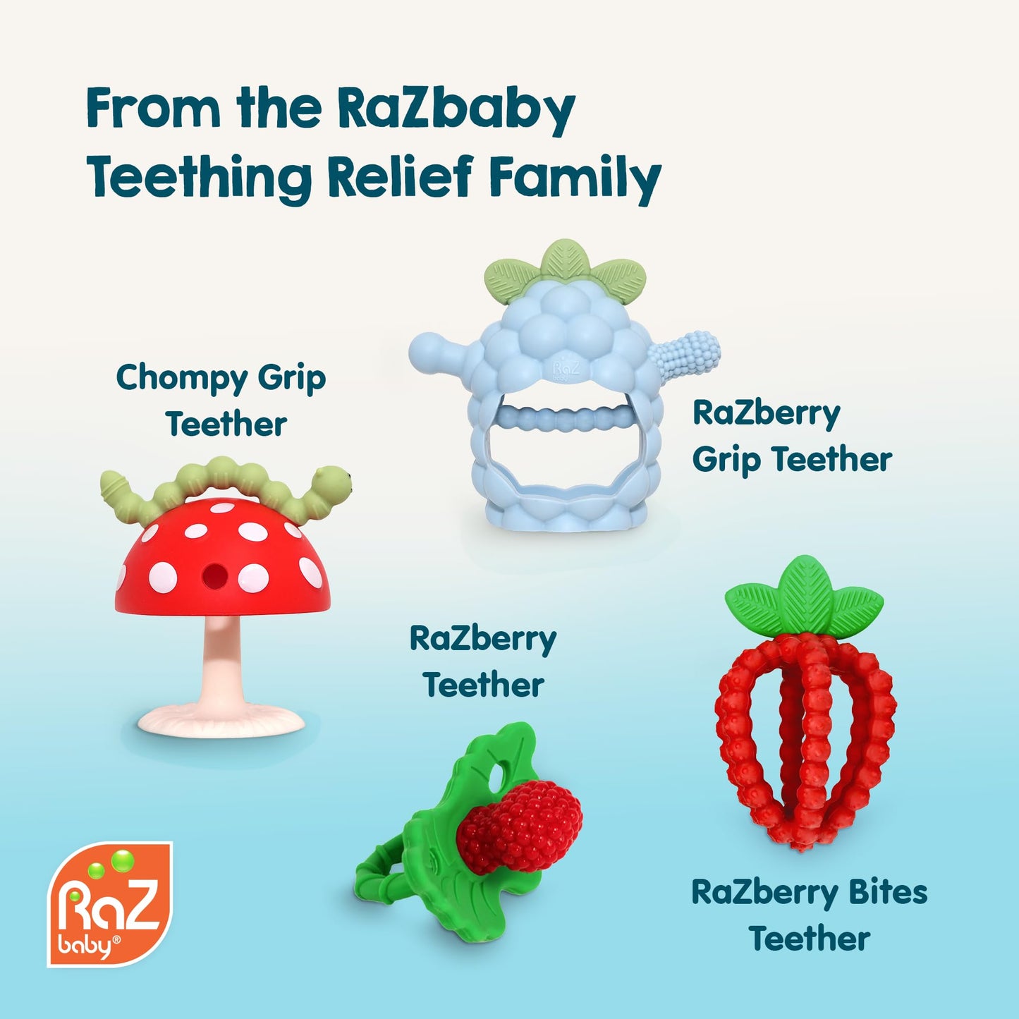 RaZbaby Soft Silicone Infant & Baby 3M+ Teether Toy Massaging Bristles Teething Relief Pacifier - Soothes Sore Gums - Hands-Free & Easy-to-Hold Chompy Teether 4PK, BPA Free (Lavender/RED/Pink/Green)