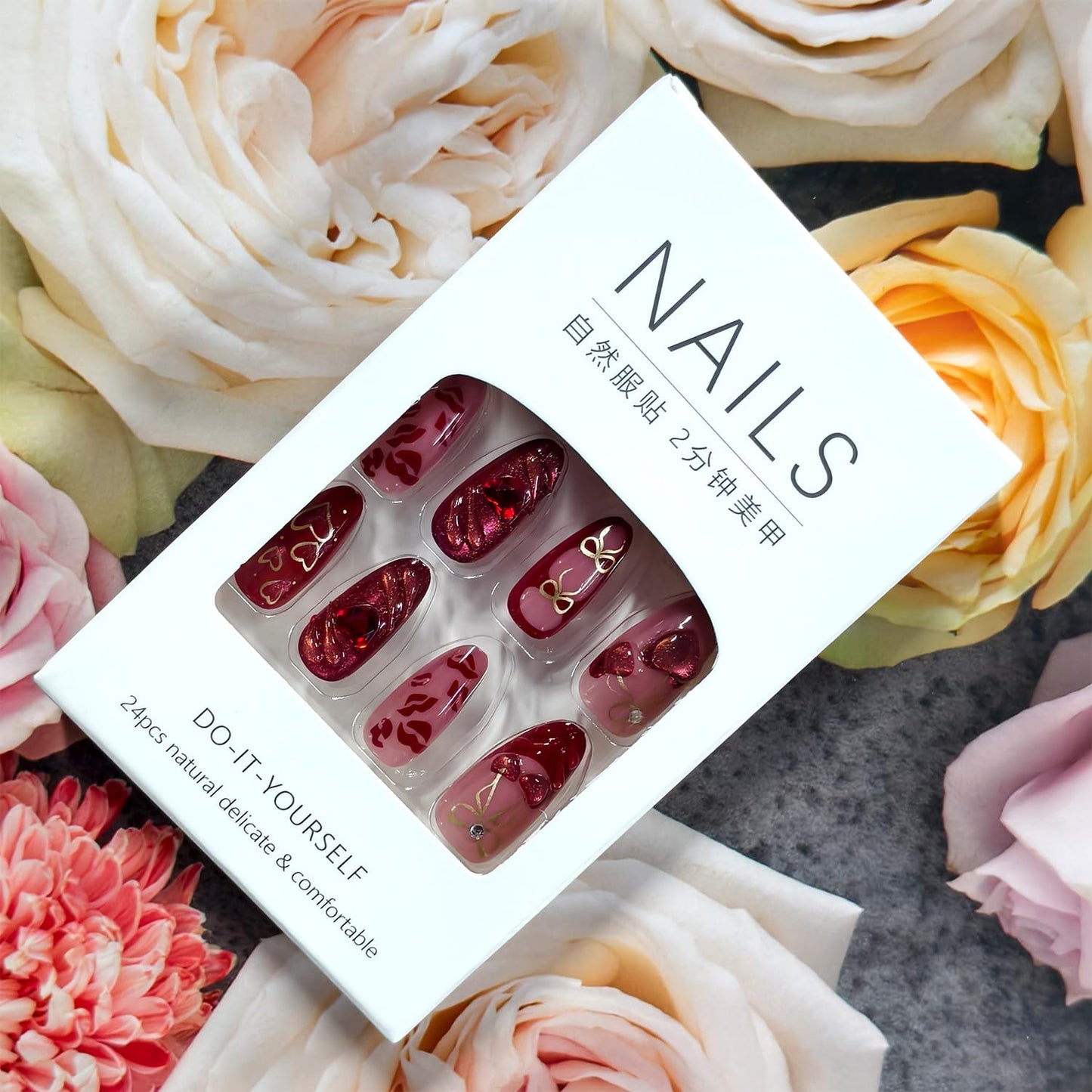 Press on Nails Medium Oval Artificial Acrylic Fake Nails French Red 3D Cherry Hollow Bow with Love Heart Rhinestones Stick on Nail Full Cover Reusable Coffin Artificial Fingernails for Women Manicure