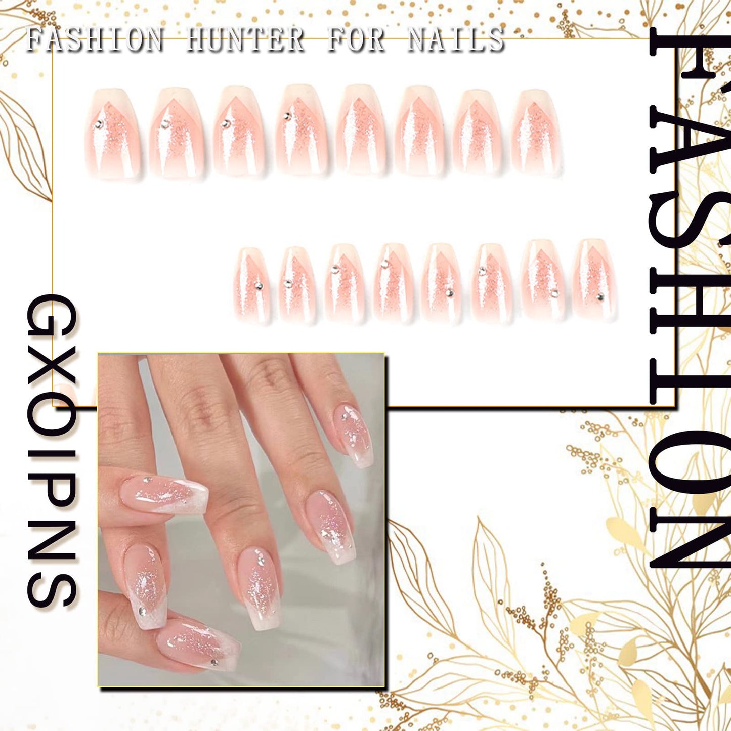 Press on Nails Short Coffin, French Tip Fake Nails with Glitter Sequins Design Nude Full Cover Stick on Nails Glossy False Nails with Glue for Women 24pcs