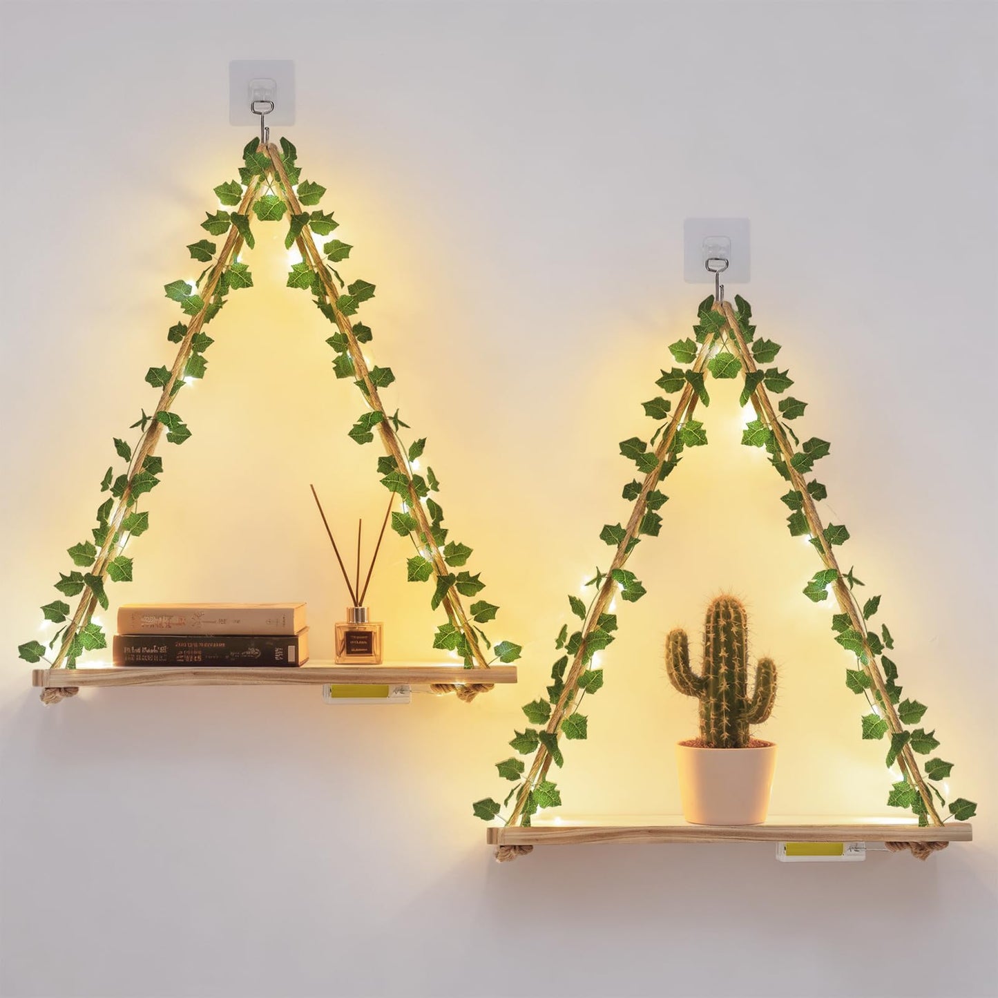 RICHER HOUSE Macrame Floating Shelves for Wall No Drilling, Boho Hanging Shelf with Artificial Ivy and LED Lights, Plant Wall Decor for Living Room Bedroom Dorm