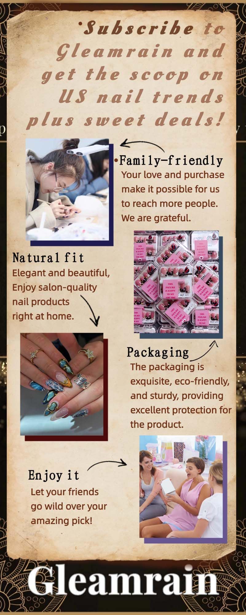 Gleamrain Xxl Press on Nails Extra Long Square Handmade Press-on Nails with Design Pink Press Ons 10pcs M Size Pattern 1103