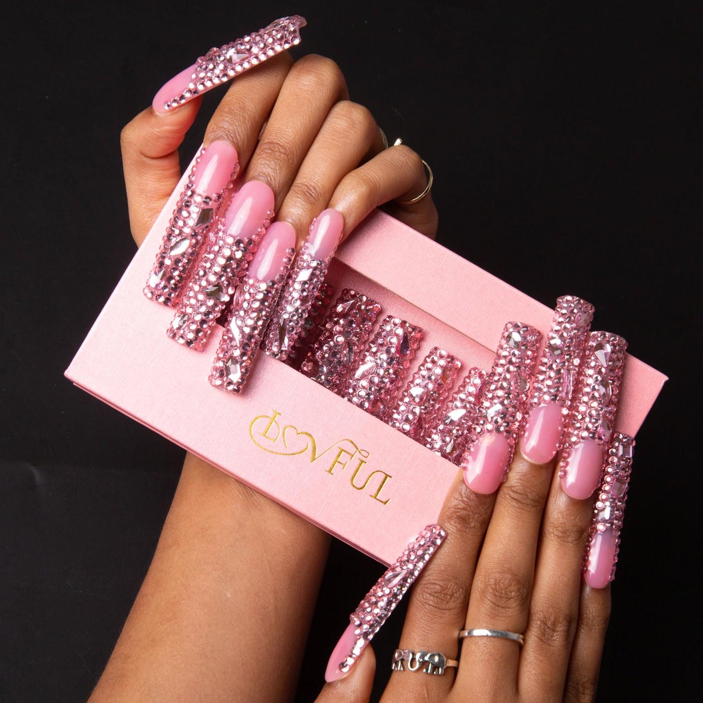 LOVFUL Press on Nails Pink French Tip Rhinestone | Handmade with Full Covered Crystals | Reusable Fake Nails | Square Long 2.2 in | H27-S