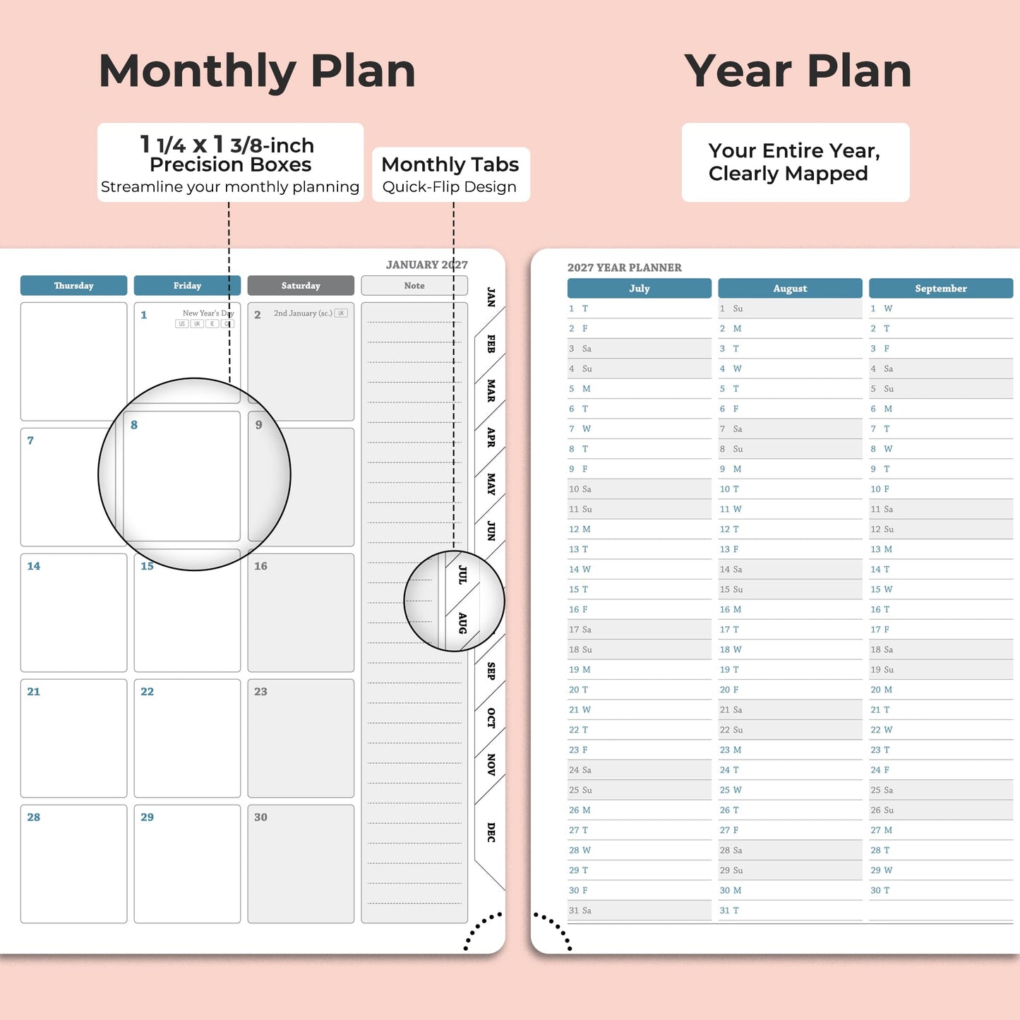 IN-LUXPRO Planner 2026-2027 Daily Weekly and Monthly,8.5"x6.5",18 Months Spiral Bound Calendar Agenda with Self-adhesive Pen Holder,2026 Academic Plan with Vegan Leather Soft CoverPink