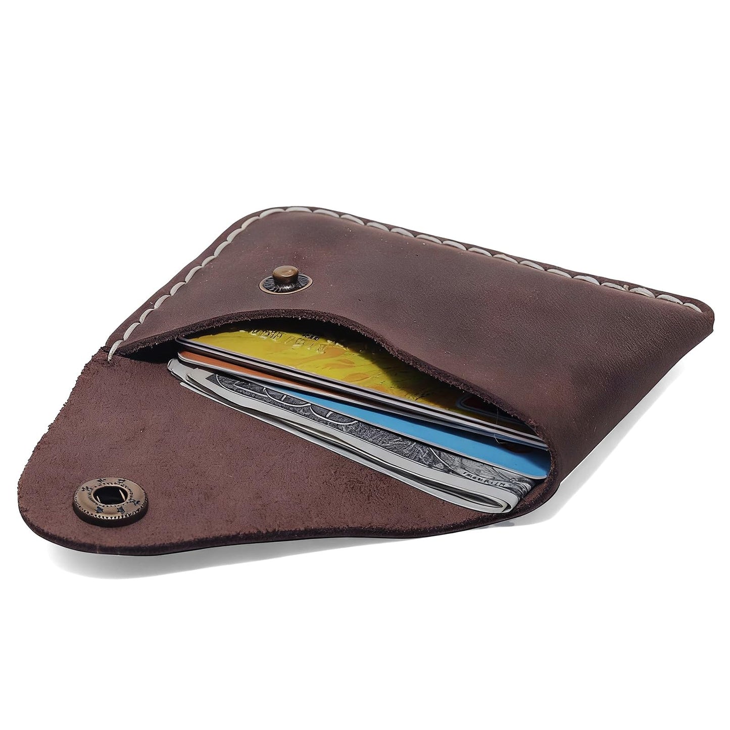Handmade Genuine Leather Card Holder with Snap Closure - Ultra Slim Minimalist Wallet, Hand-Stitched Compact Front Pocket Card Case for Men & Women (Dark Coffee)