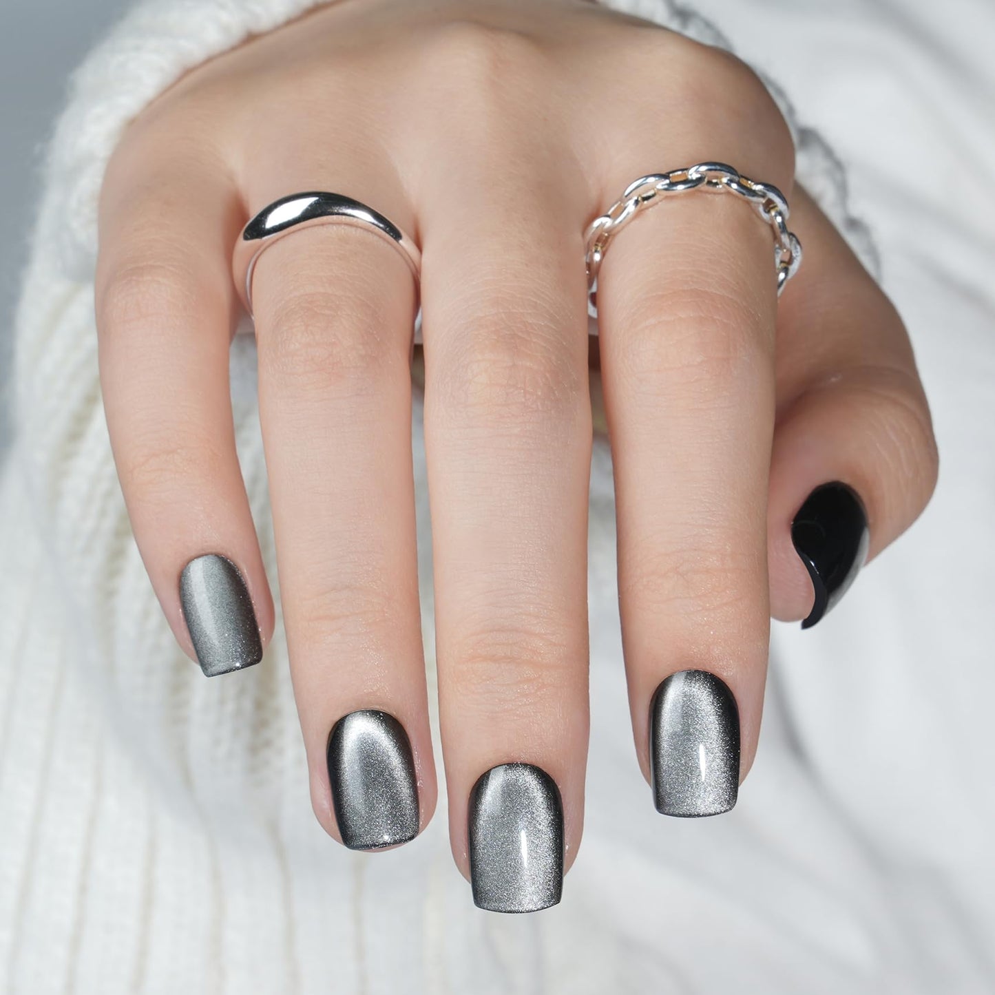 Cat Eye Black Press On Nails Square - Silver Short Square Fake Nails with Nail Glue, Black Goth Cateye Press On Nails Reusable Stick On Nails in 15 Sizes - 30 Nail Kit for Women | Salon Quality