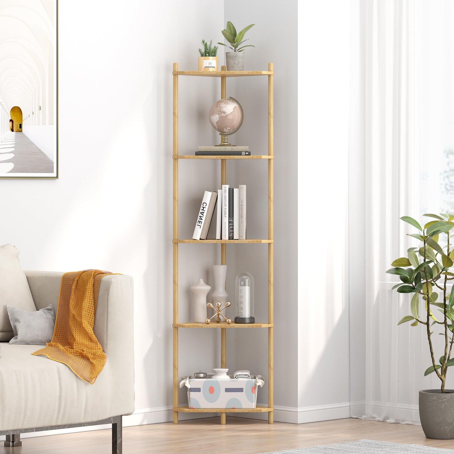 Wisuce Corner Shelf Stand - 5 Tier Natural Bamboo Small Corner Bookshelf for Office Kitchen Bedroom Plant Stand Living Room Decor Small Space