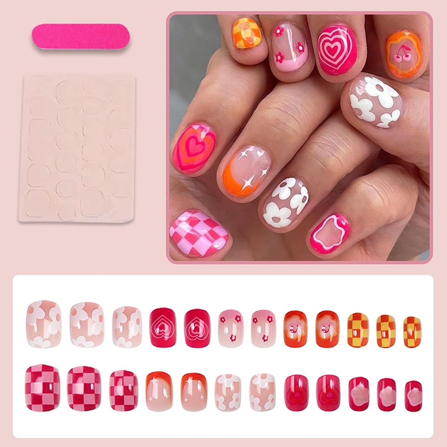 Flower Press on Nails Short Square Fake Nails with Heart Checkered Design Cute Floral False Nail Spring Stick on Nail for Women 24Pcs