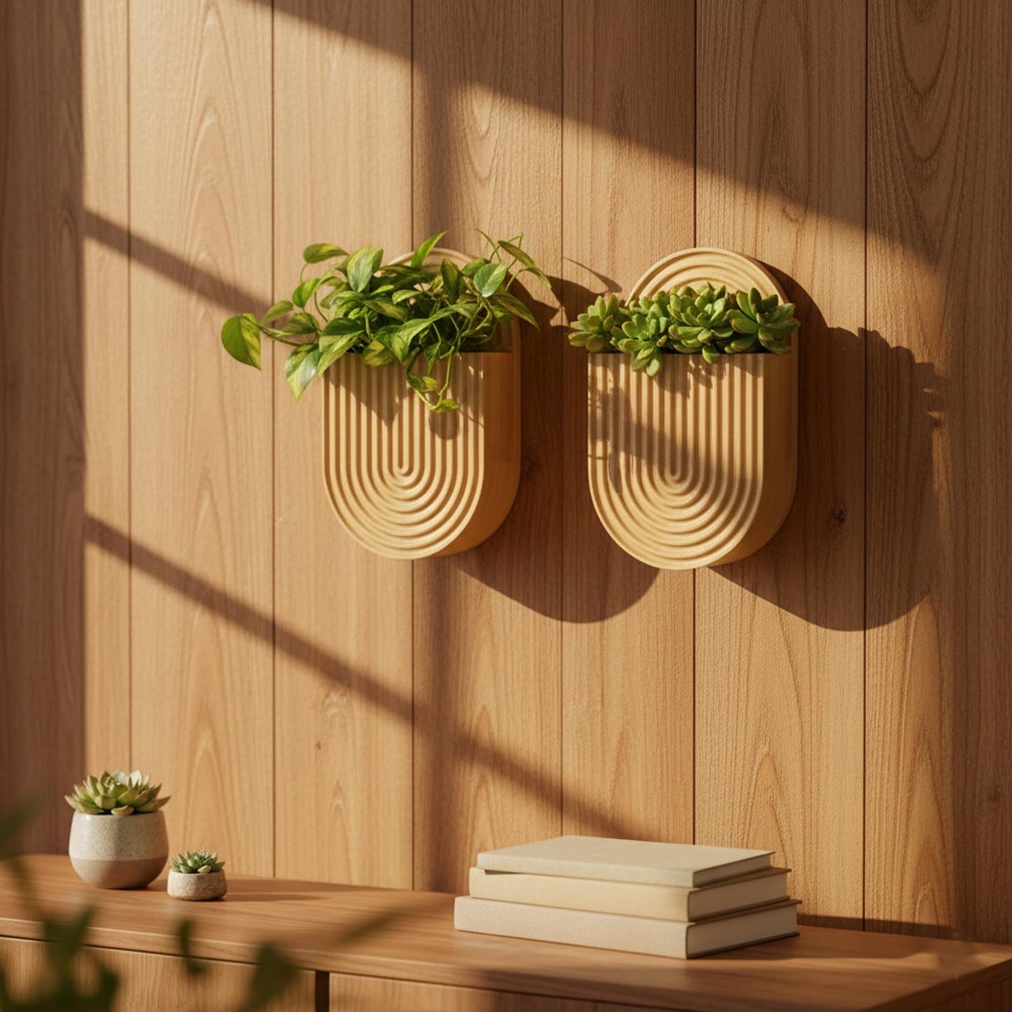 Aimto Wooden Wall Vase Set of 2, Bamboo Boho Wall Decor Planters Holder for Indoor Plants, for Entryway, Hallway, Bathroom, Living Room, Dining Room