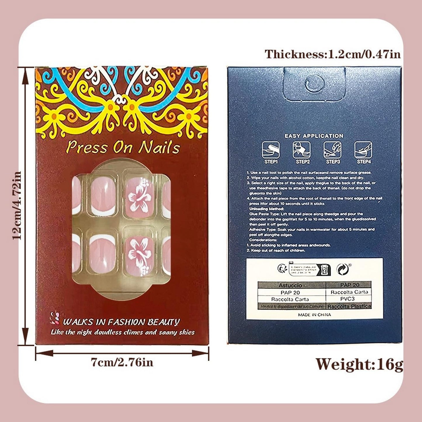 24 Pcs Flower Press on Nails Square White French Tip Fake Nails with Designs Glossy False Nail Spring Floral Stick on Nails Full Cover Short Acrylic Nails for Women Manicure Decorations