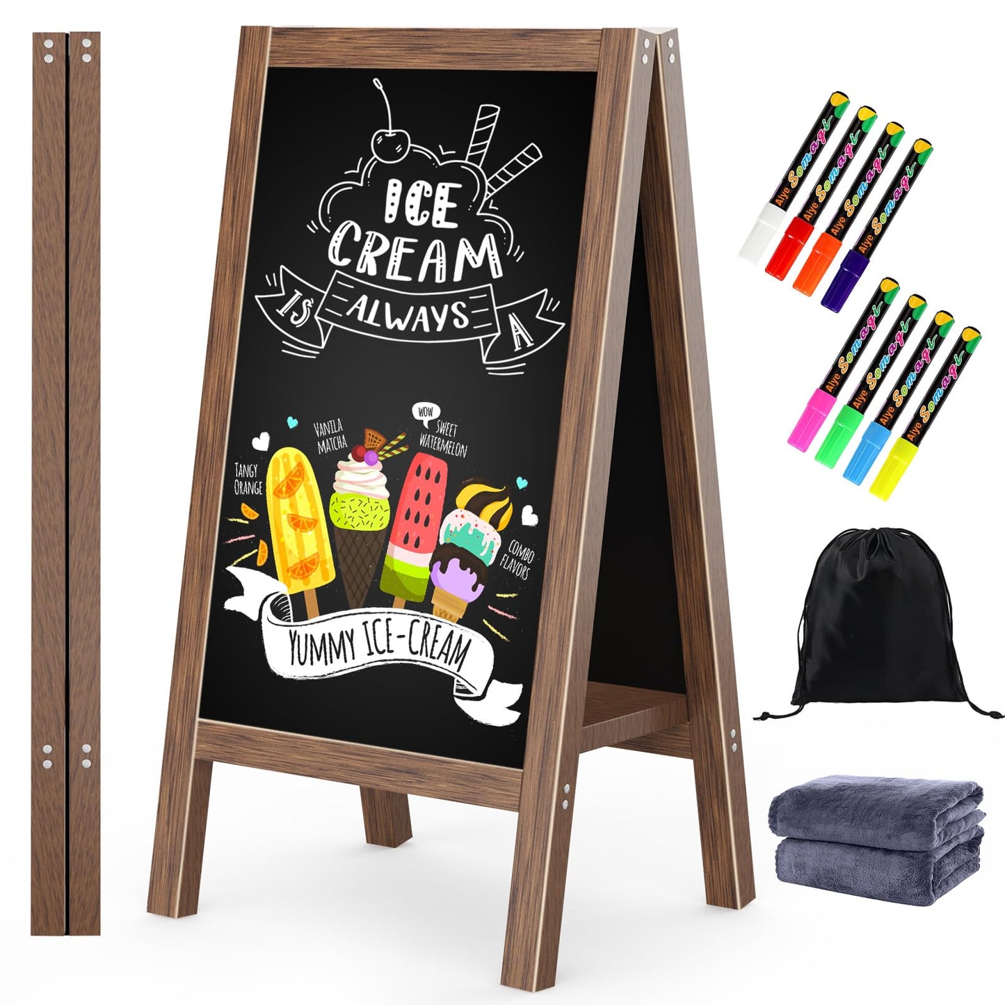 Solid Wood A Frame Chalkboard Sign 40"x20", Magnetic Double Sided Sandwich Board, Upgraded Bottom Brace Stable Sidewalk Sign with 8 Liquid Chalk for Cafe Restaurant Wedding Home Business