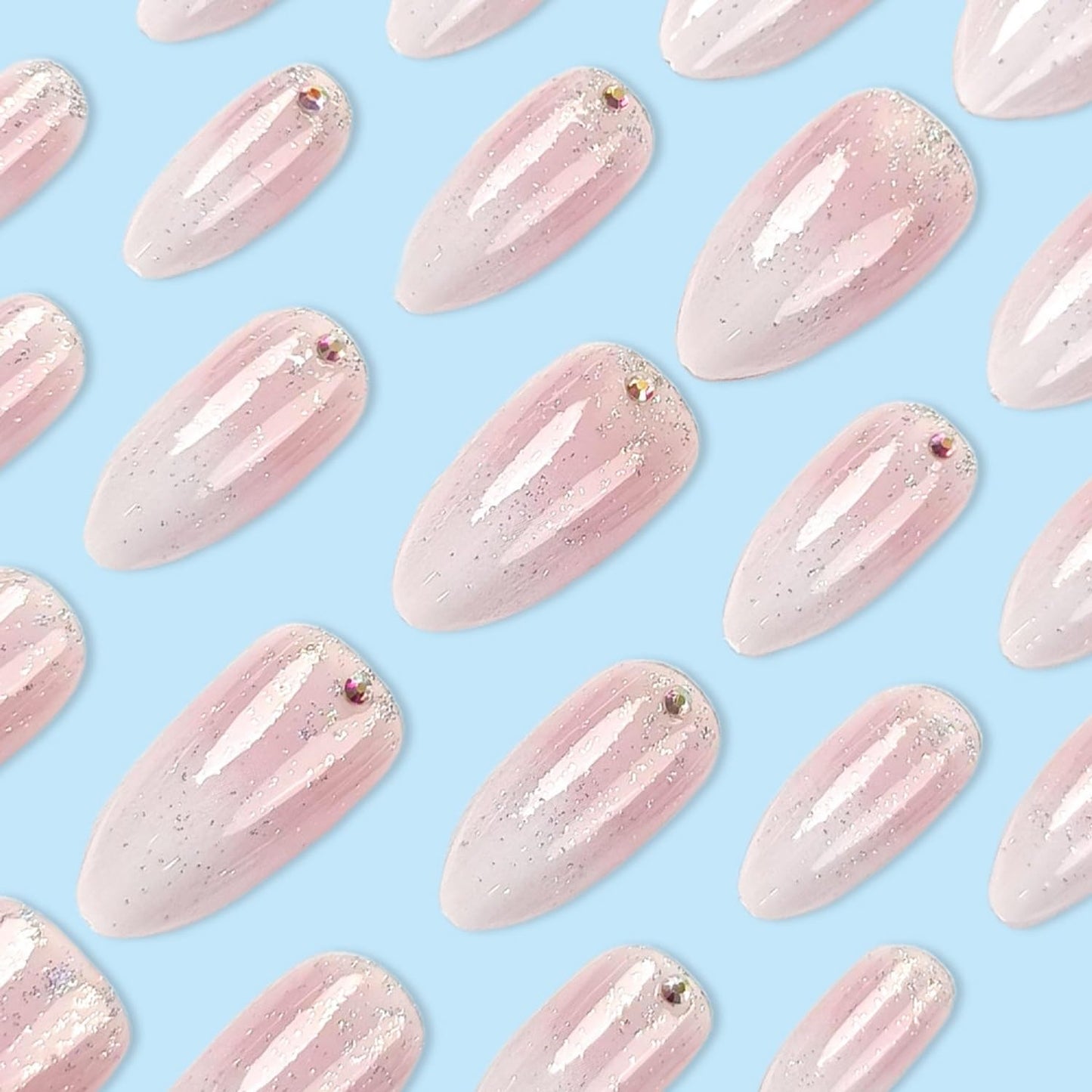 Pink Ombre Press On Nails Medium Almond Fake Nails Glitter With Rhinestones Designs Gradient Acrylic Artificial Fingernails Full Cover Glossy False Nail Reusable Glue On Nails For Women 24pcs