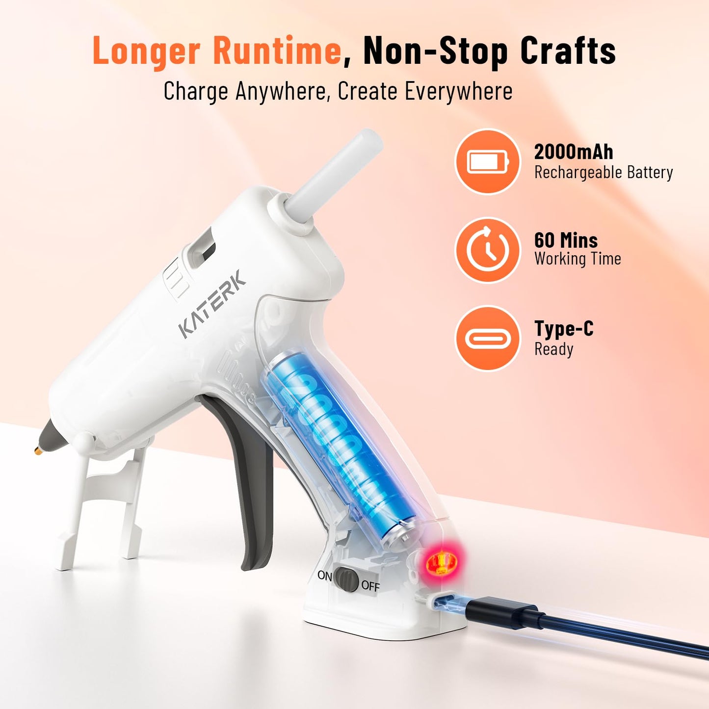 Katerk 3.7V Cordless Hot Glue Gun Kit, 90s Fast Heating, Mini Glue Gun with 15 Glue Sticks, USB-C Rechargeable with 2000mAh Built-in Battery, Ideal for DIY, Gift Making,School Crafts & Repairs (White)