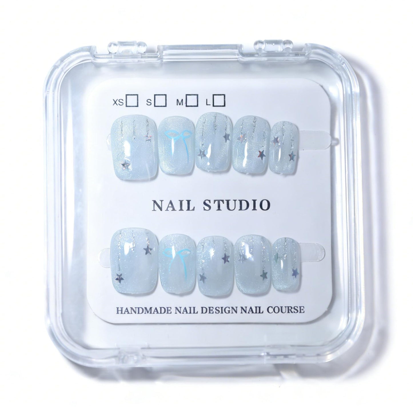 10Pcs Short Square Handmade Press On Nails | Easy Apply & Remove, Reusable Salon Quality Nails | Dreamy Glitter Fake Nails with 3D Star & Bow Accents (RR05, XS)