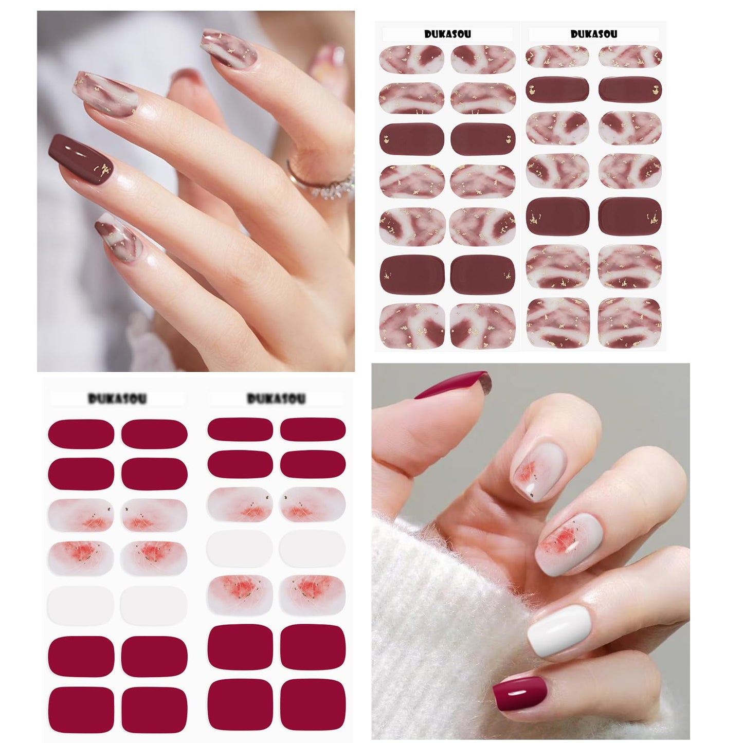 DUKASOU Semi Cured Gel Nail Strips, 56Pcs Fall Gel Nail Stickers/Wraps, Long Lasting UV Nail Polish Strips for Adults（Red+Wine Red）