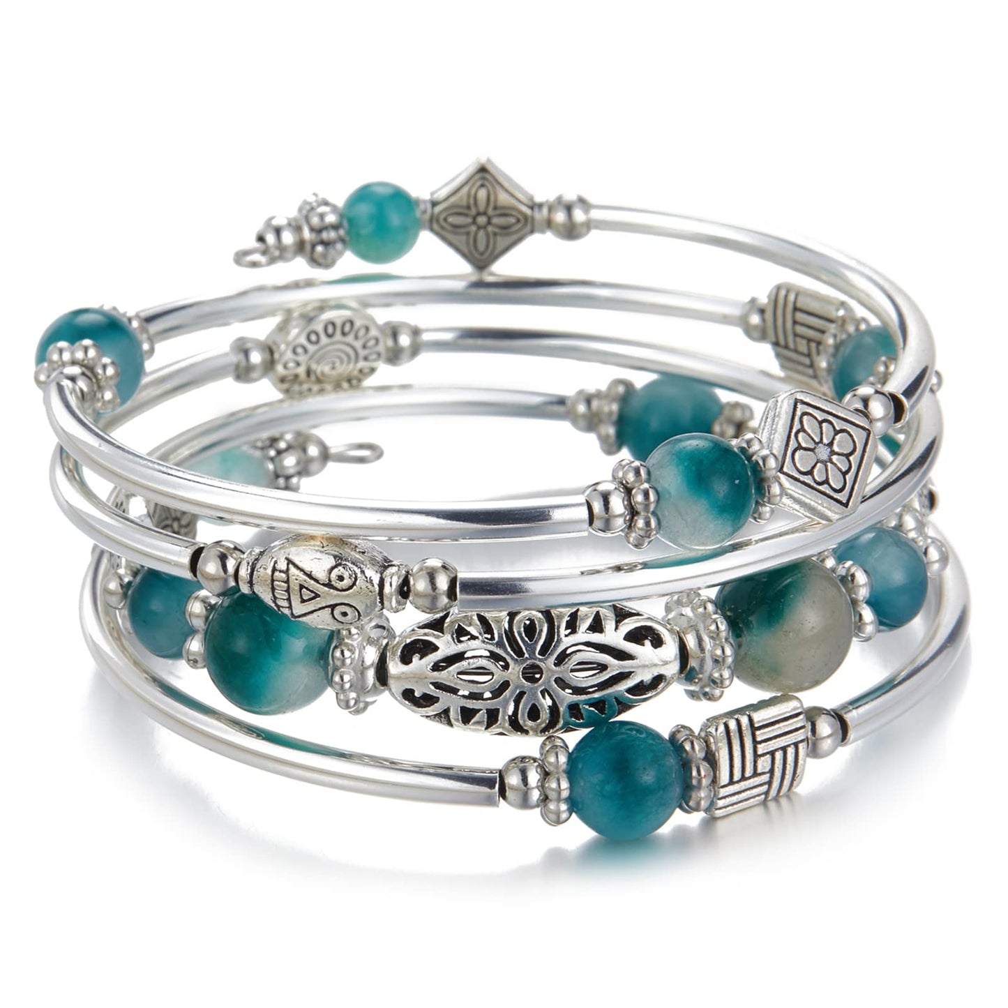 BULINLIN Layered Wrap Bangle Turquoise Bracelet - Bead Bracelet with Natural Agate Stone, Gifts For Women (03-Jade Green)