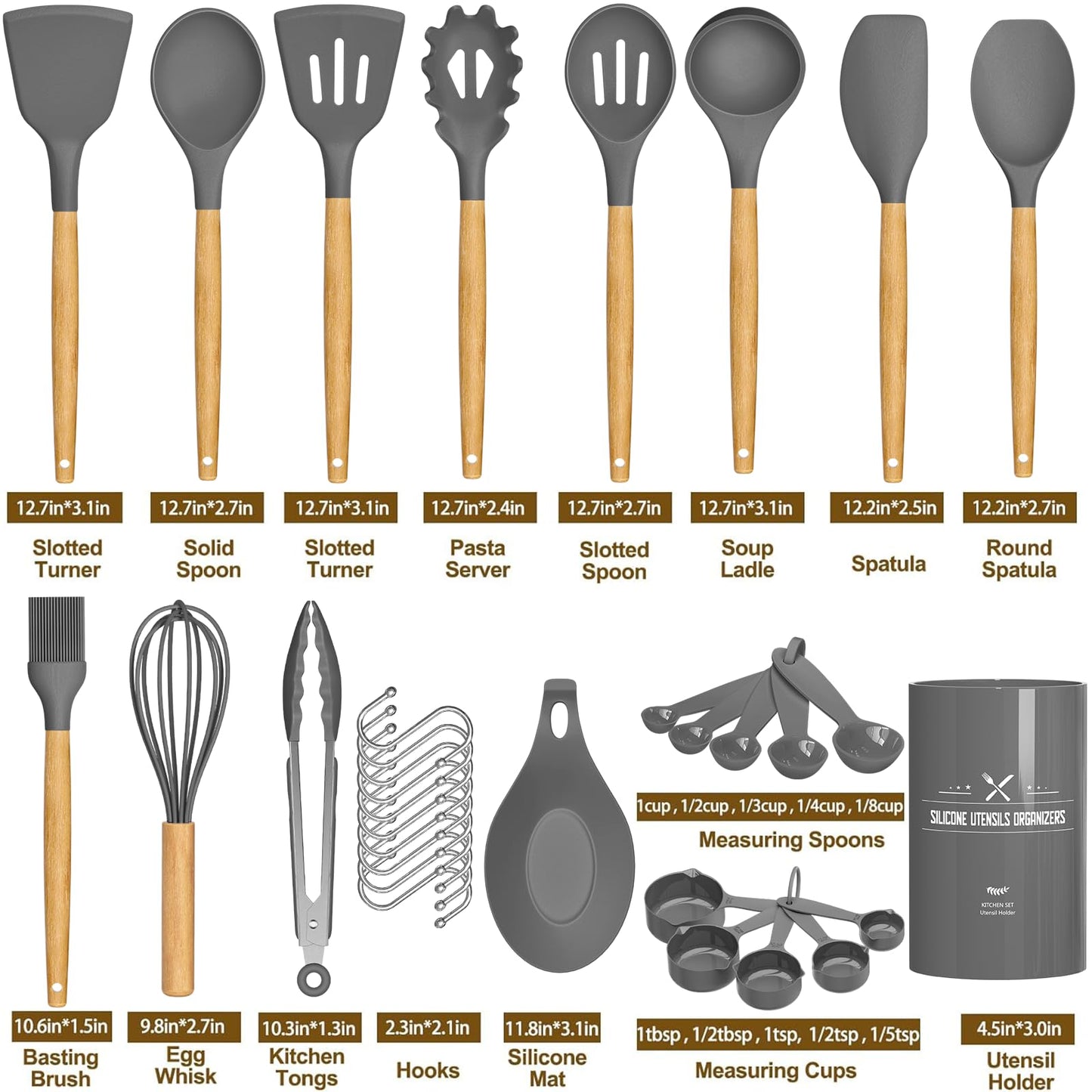 Umite Chef Kitchen Cooking Utensils Set, 33 pcs Non-stick Silicone Spatula Set with Holder, Woodle Handle Heat Resistant Gadgets Utensil (Gray)