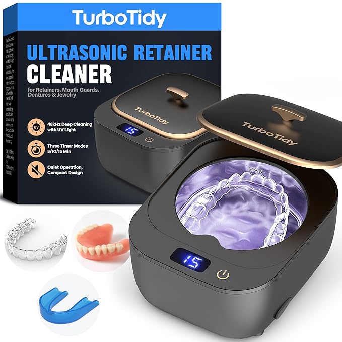 Retainer Cleaner, Ultrasonic Cleaner for Retainers, Mouth Guards, Night Guards & Dentures, Jewelry Cleaner, 48kHz & 3 Timer Modes with UV, 200ml for All Dental Appliances