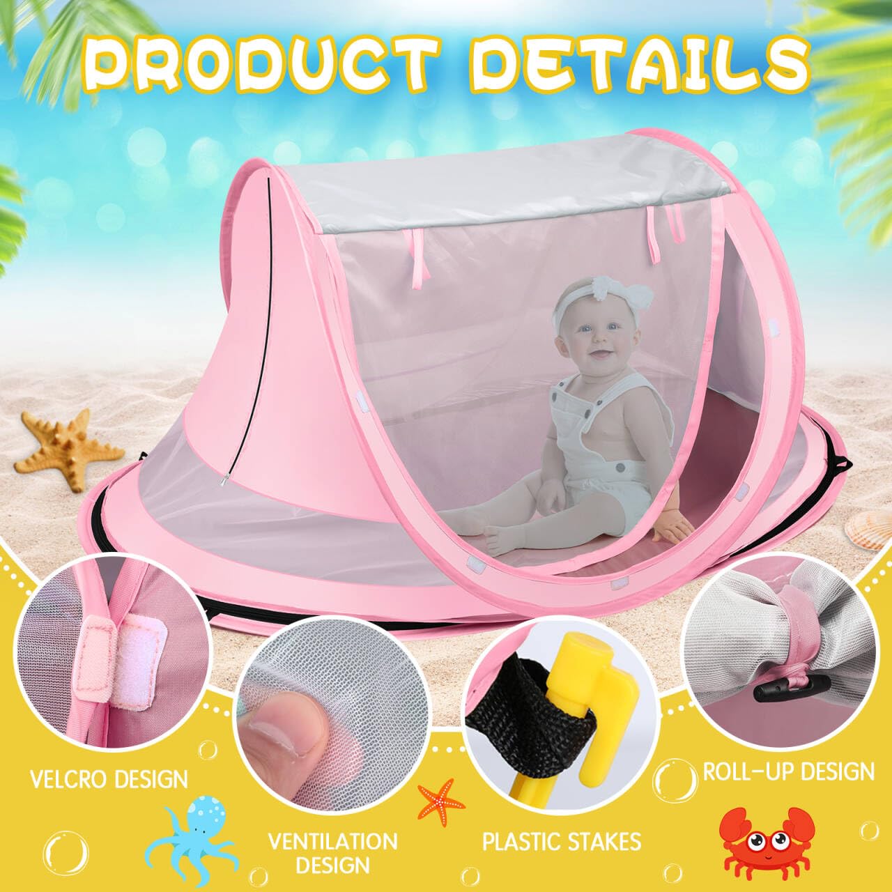 Baby Beach Tent, Large Pop Up Beach Tent Sun Shade with Mosquito Net, UPF 50+ UV Protection Sun Shelter (Pink)