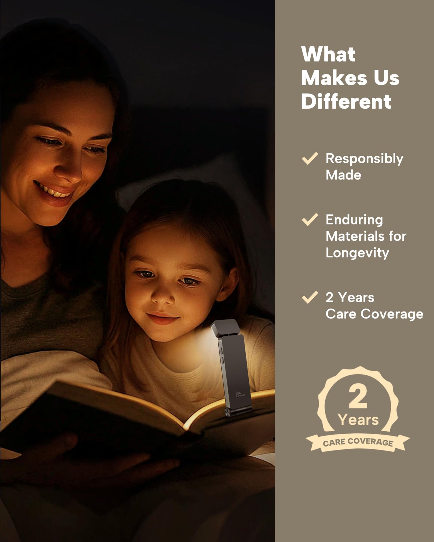 86lux Book Light, Rechargeable Clip-On LED Reading Light for Bed & Night Use - 3 Color Temperatures with Stepless Dimming, Ultralight Bookmark Design for Kids, Book Lovers, Grey