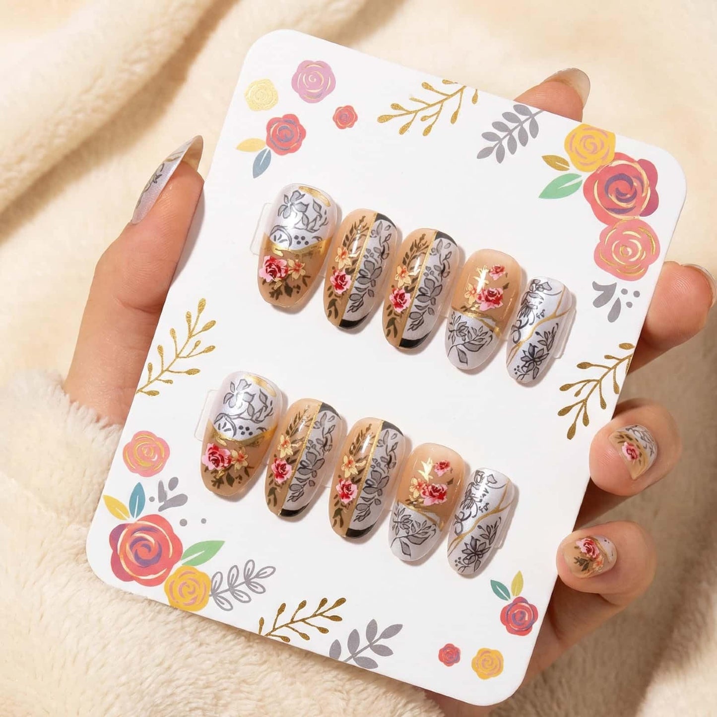 Flower Press on Nails Short Almond Fake Nails Blue Floral with Peony Design Full Cover Glossy Acrylic Artificial Fingernails Press Ons Blossom Stick on Nail 24Pcs