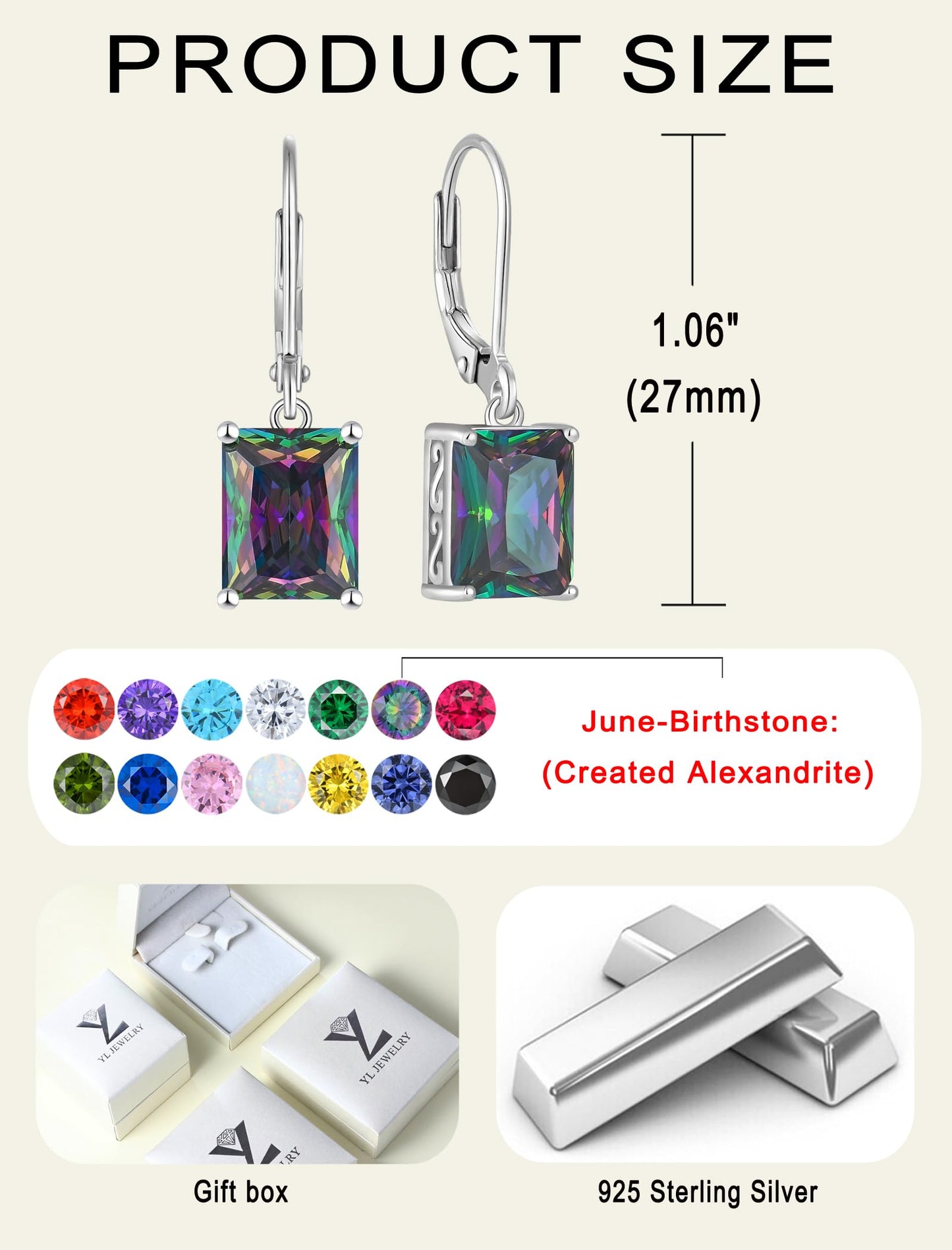 YL Solitaire Dangle Drop Earrings 925 Sterling Silver Leverback Earrings 8X10MM Square Created Alexandrite Jewelry