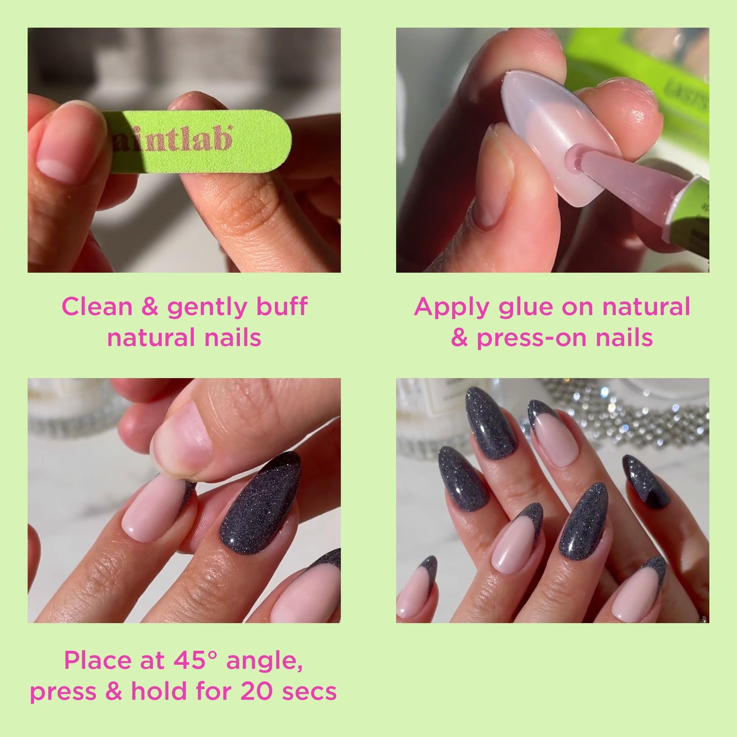 PaintLab Press-On Nails Manicure Kit, Forest Green Almond, 30-Piece Set, Long-Lasting Fake Nails with Glue, File, Prep Pad & Cuticle Stick