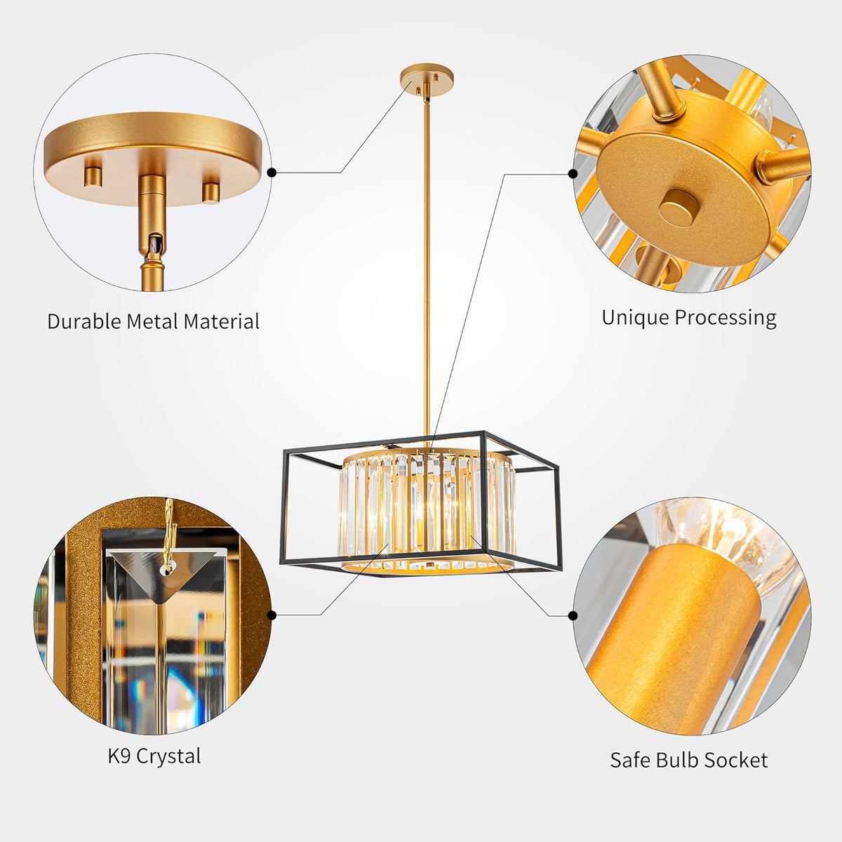 5-Lights K9 Crystal Chandelier, Modern Style Pendant Light Fixture for Dining Room, Bedroom & Living Room, Gold & Black Finish, L16.5 * W16.5 * H12~48 inch (Adjustable Height)