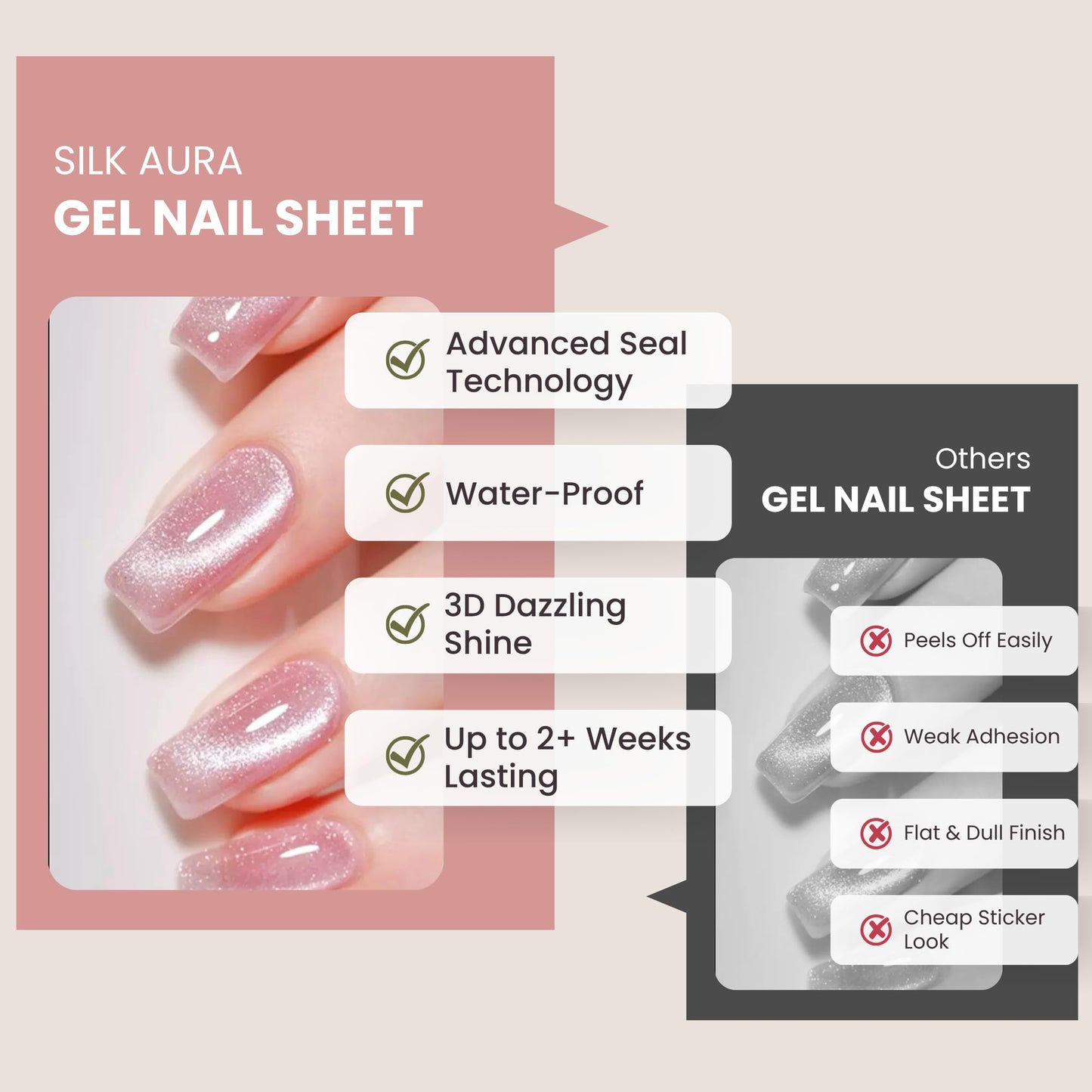 Silk Aura Nail Foils, Self-Adhesive Gel Nail Strips, No UV Needed, Gradient Glitter Shiny Nude Nail Stickers, Waterproof, Long-Lasting, Natural Manicure Design for Fingers & Toenails