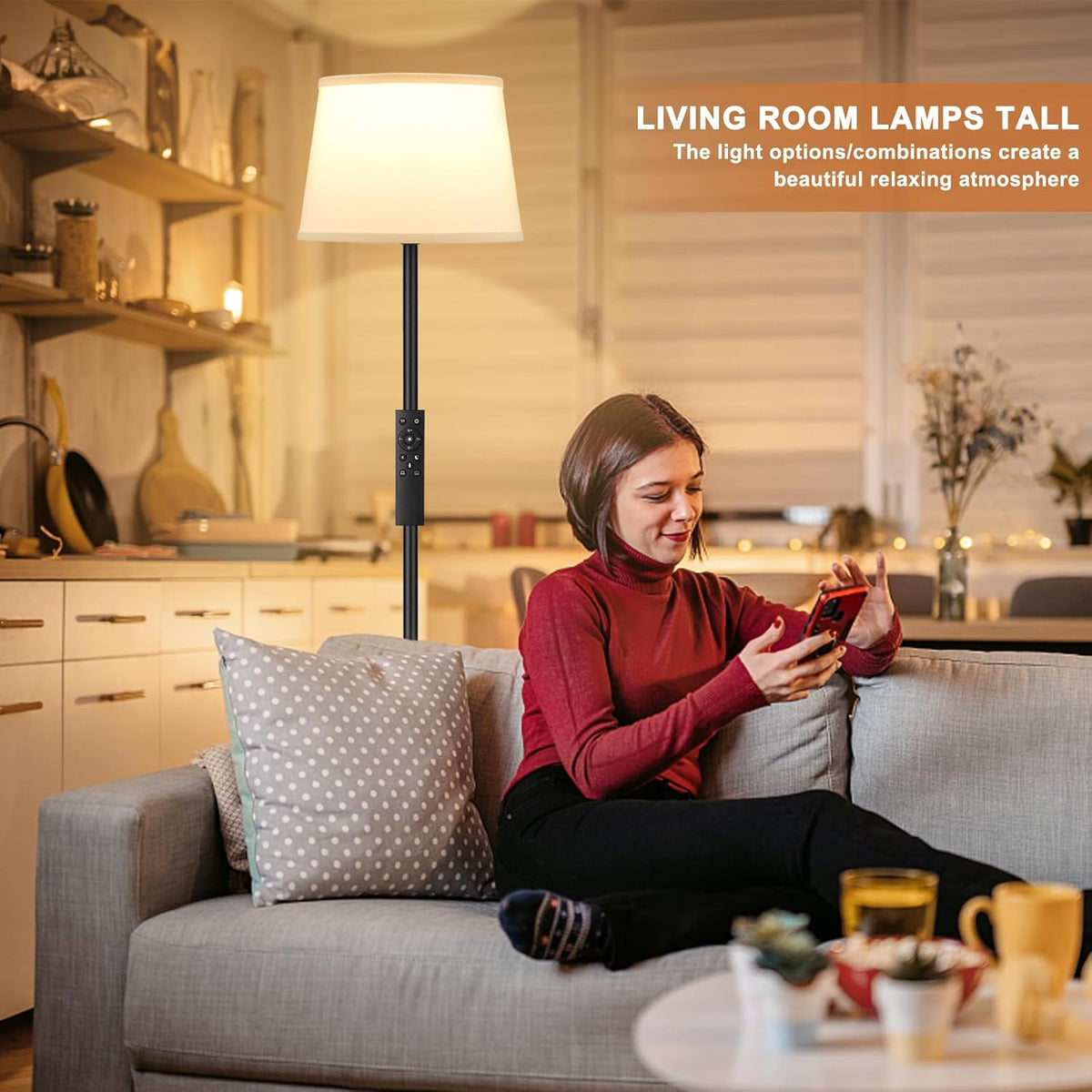 Modern Floor Lamp with Adjustable Brightness, Remote Control, Black, LED Bulbs, White Shade, Foot Switch, Easy Assembly