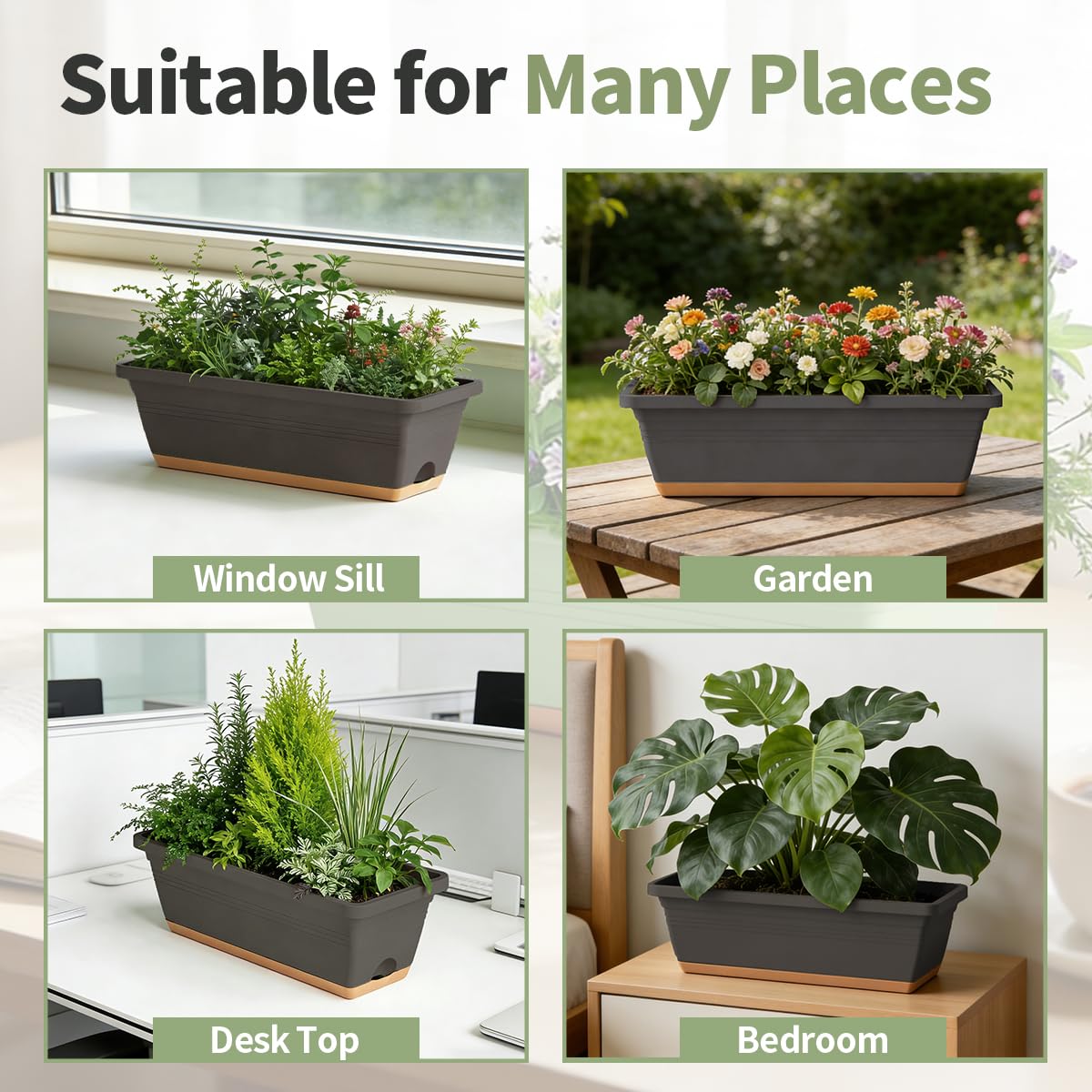 LESOASIS Window Box Planter, 6 Pack Plastic Vegetable Flower Window Planters Boxes 16 Inches Rectangular Flower Pots with Drainage Holes and Saucers (Grey)